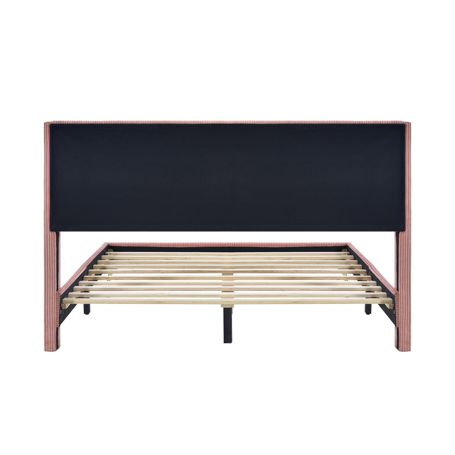 Queen Size Corduroy Platform Bed with Metal Legs, Pink