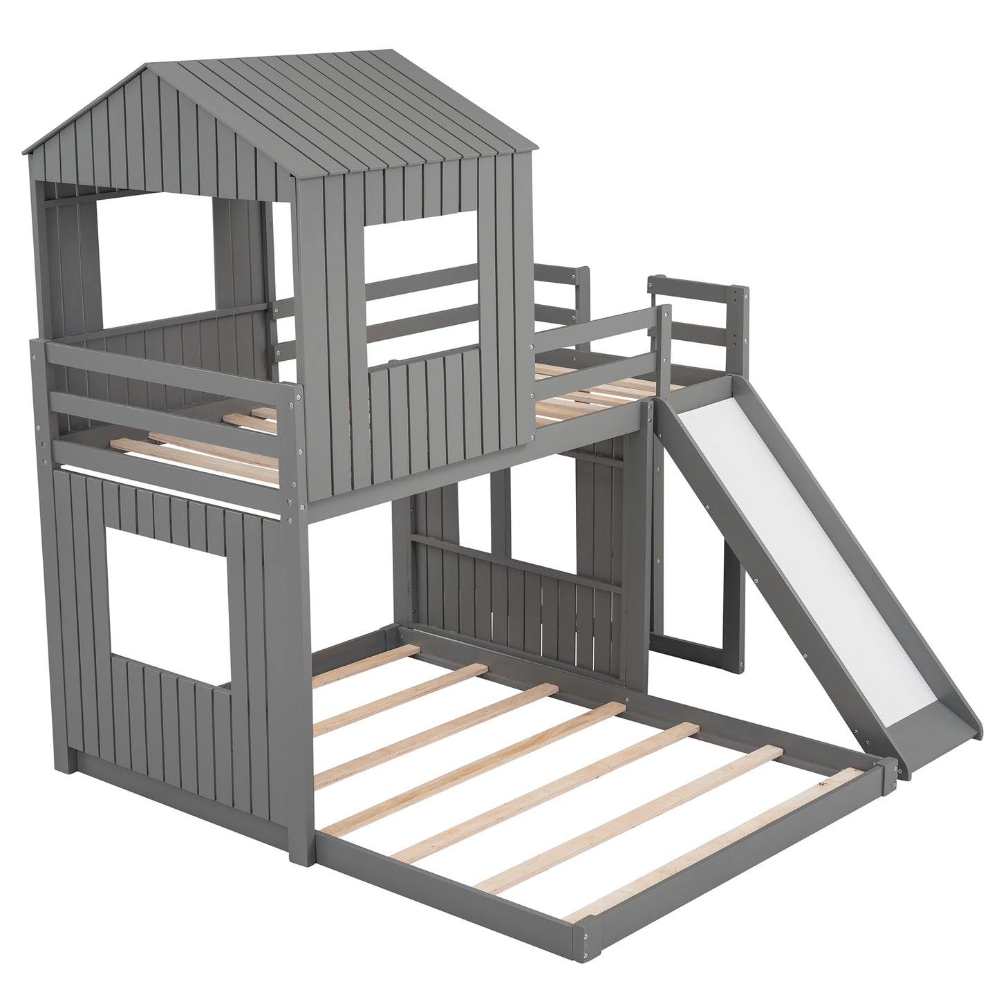 Playhouse Twin Over Full Bunk Bed with Ladder, Slide & Guardrails - Gray Wood, LT000028AAN