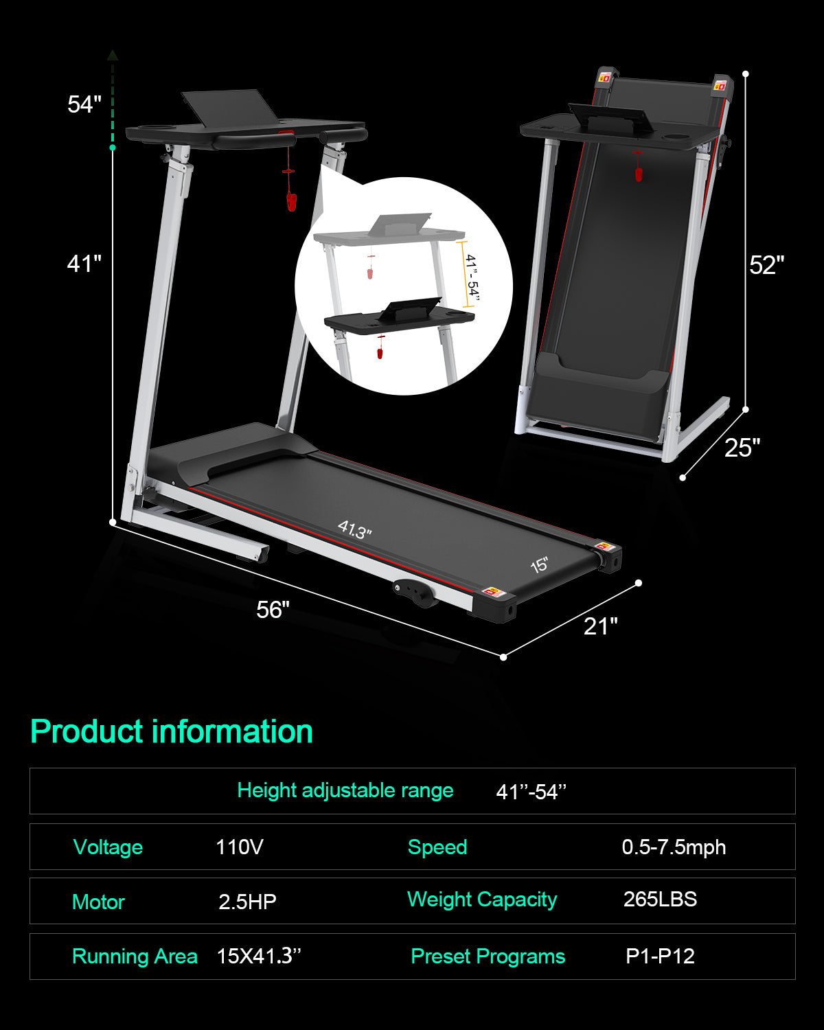 Folding Treadmill with Desk for Home - 265lbs Foldable Treadmill Running Machine, Electric Treadmill Exercise for Small Apartment Home Gym Fitness Jogging Walking