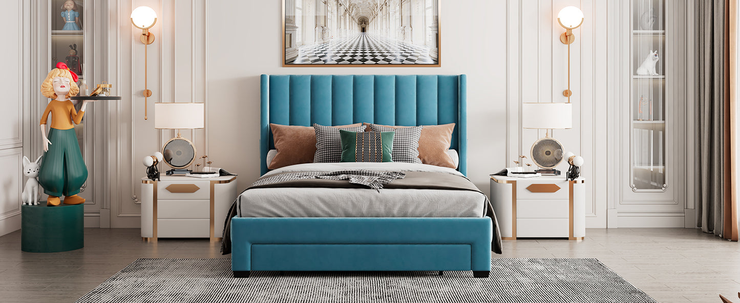 Queen Size Storage Bed Velvet Upholstered Platform Bed with a Big Drawer - Blue