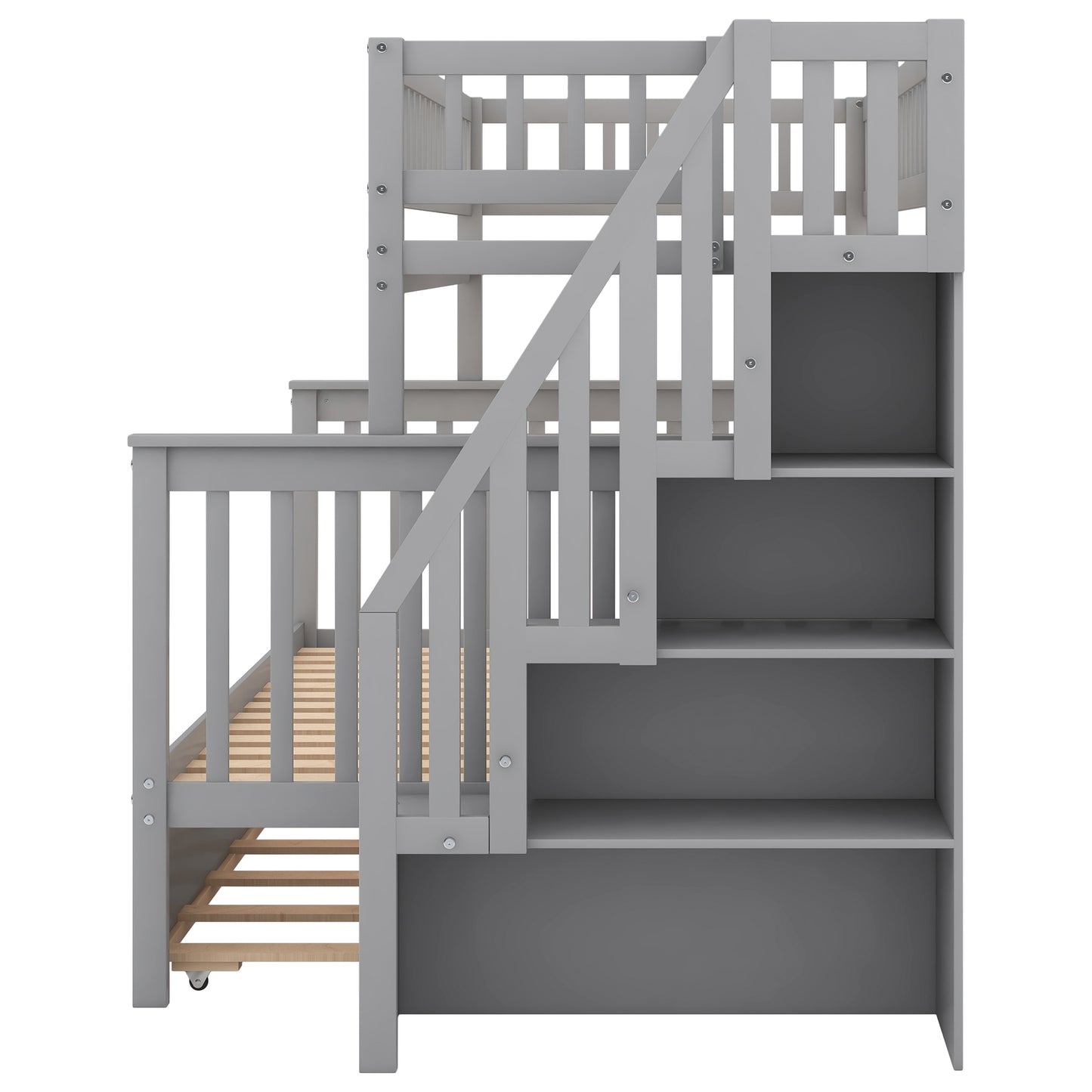 Gray Twin over Full Bunk Bed Set with Trundle, Staircase, and Storage