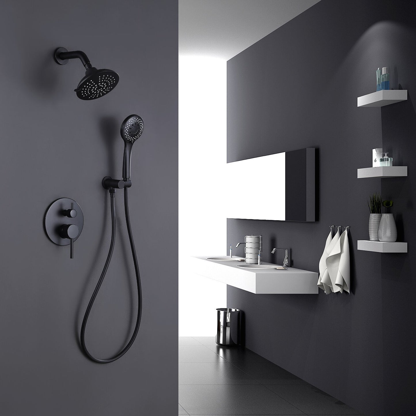 Matte Black Round Wall Mounted Rain Shower Faucet System with Hand Shower