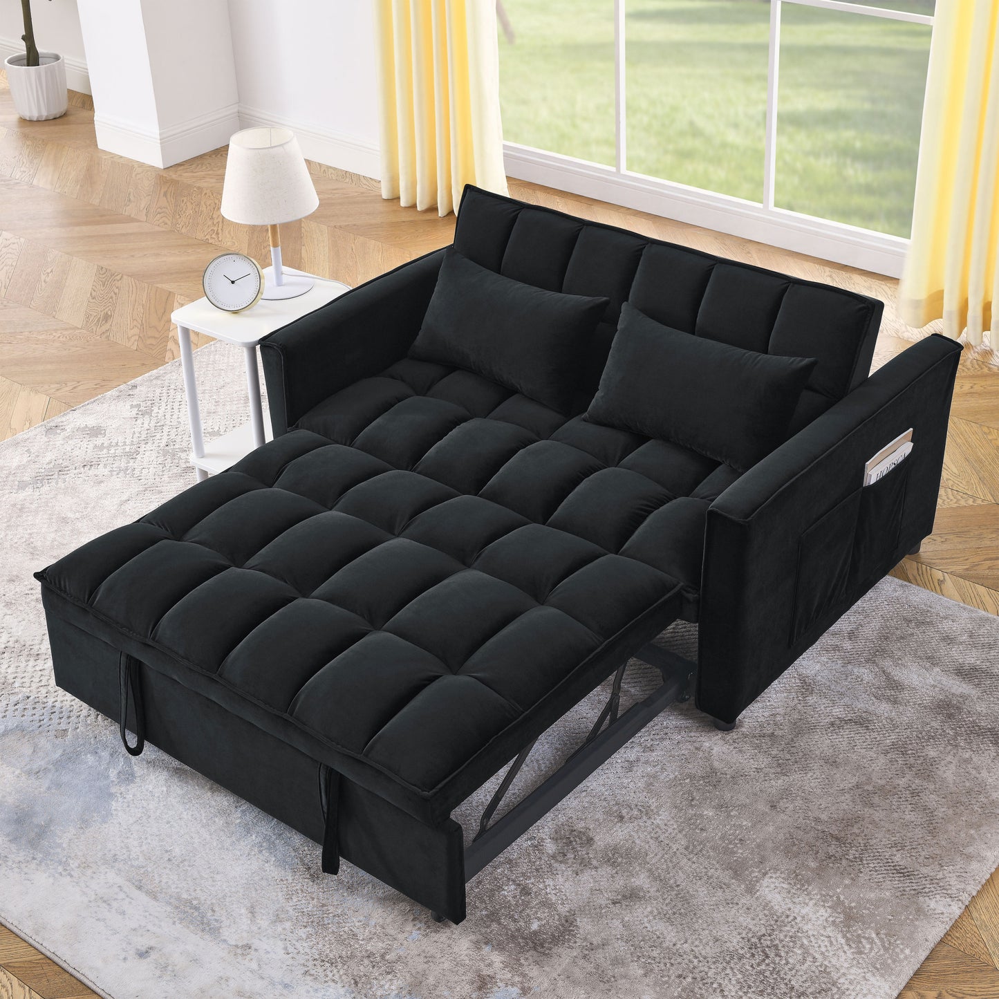 Sleeper Sofa, Convertible Sofa, Recliner, Bed, 3-in-1, 3-Position Adjustable Backrest, 2-Seater Sectional, Two Side Pockets, 2 Pillows for Living Room, Apartment, etc., Velvet Black 54" Wide.