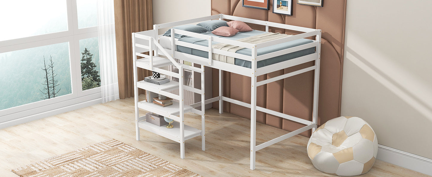 Full Size Loft Bed with Built-in Storage Staircase and Hanger for Clothes, White