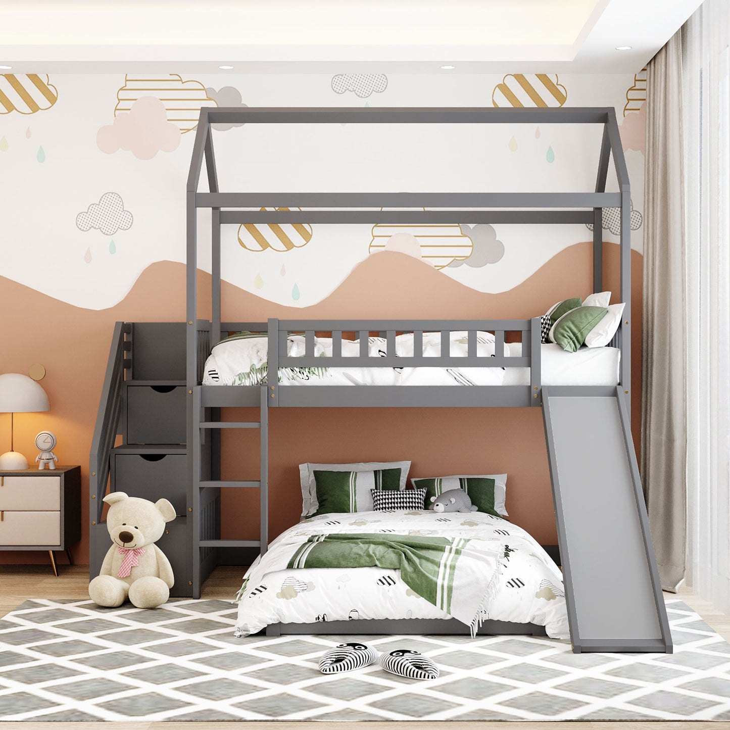 White House Design Twin Over Twin Bunk Bed with Slide and Storage Steps