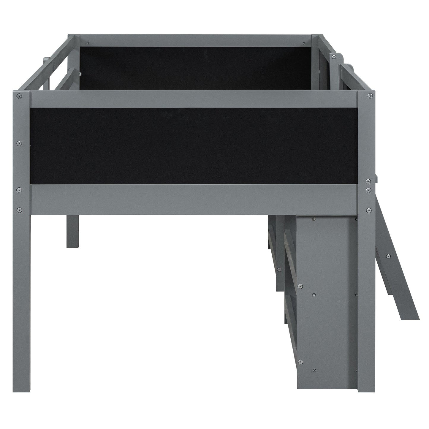 Twin Size Low Loft Bed with Two Movable Shelves and Ladder,with Decorative Guardrail Chalkboard,Gray(: WF283286AAE)