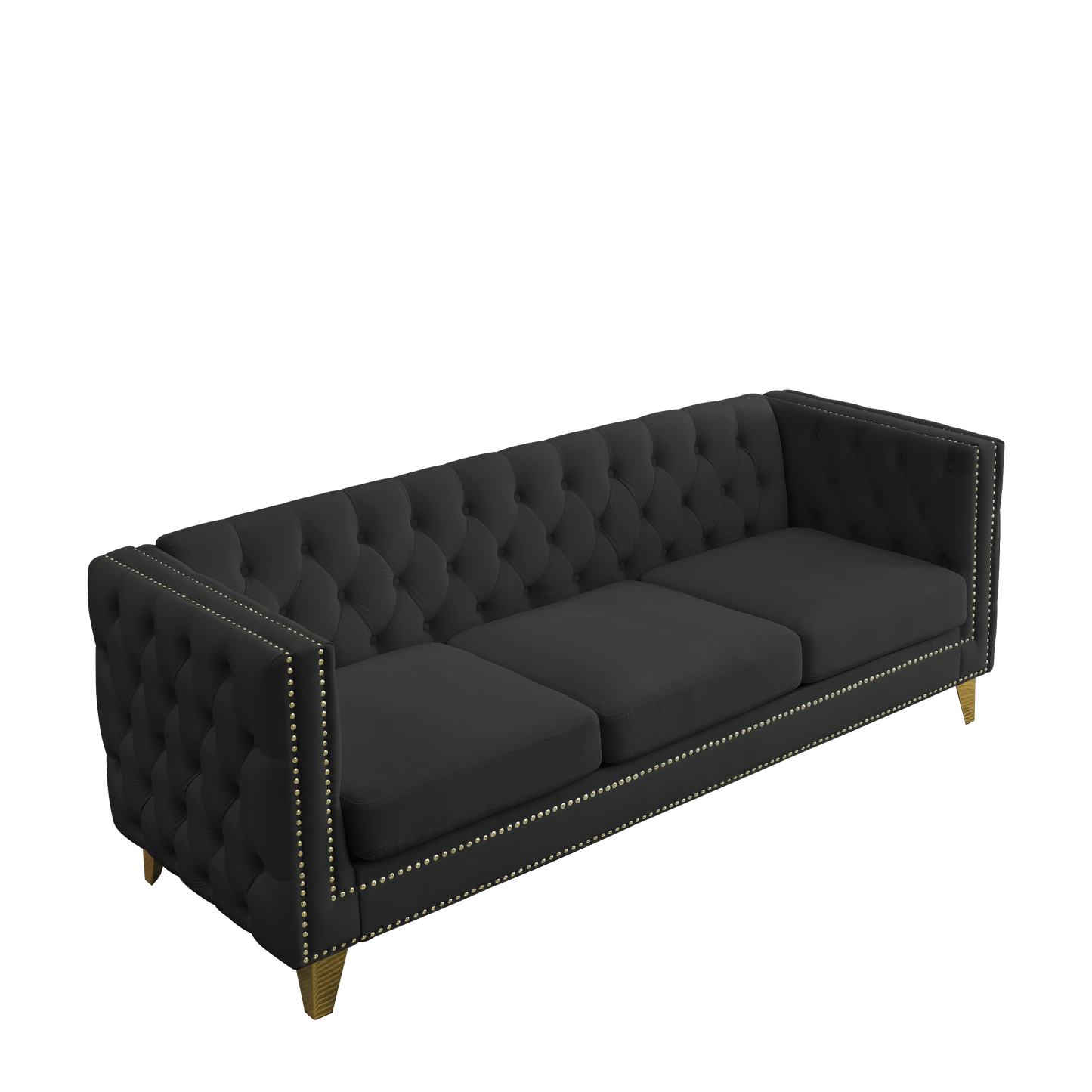 Velvet Sofa for Living Room,Buttons Tufted Square Arm Couch, Modern Couch Upholstered Button and Metal Legs, Sofa Couch for Bedroom, Black Velvet ,2PCS