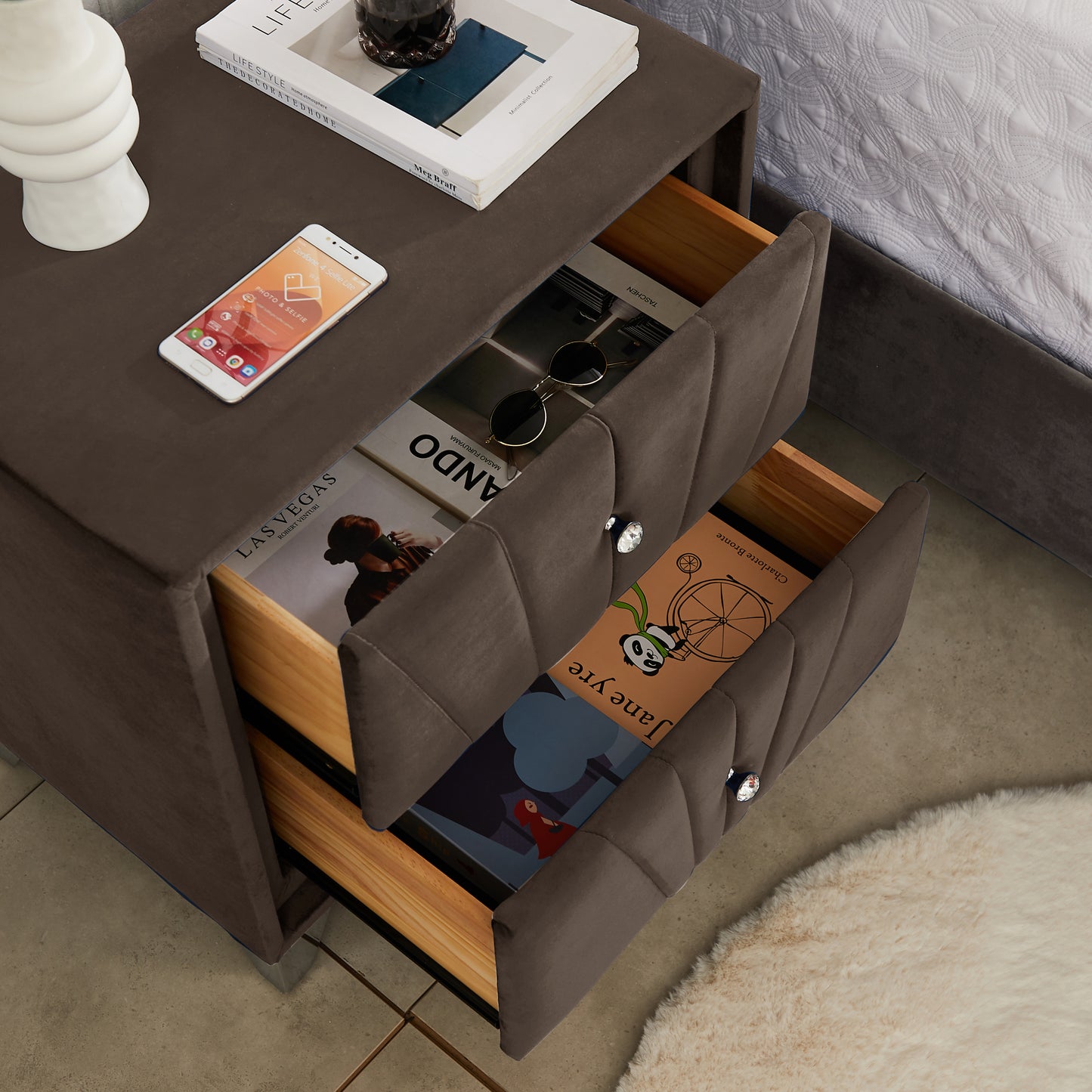 B108-TA Simple beautiful double-decker nightstand, metal legs with Electroplate，Brown Flannelette