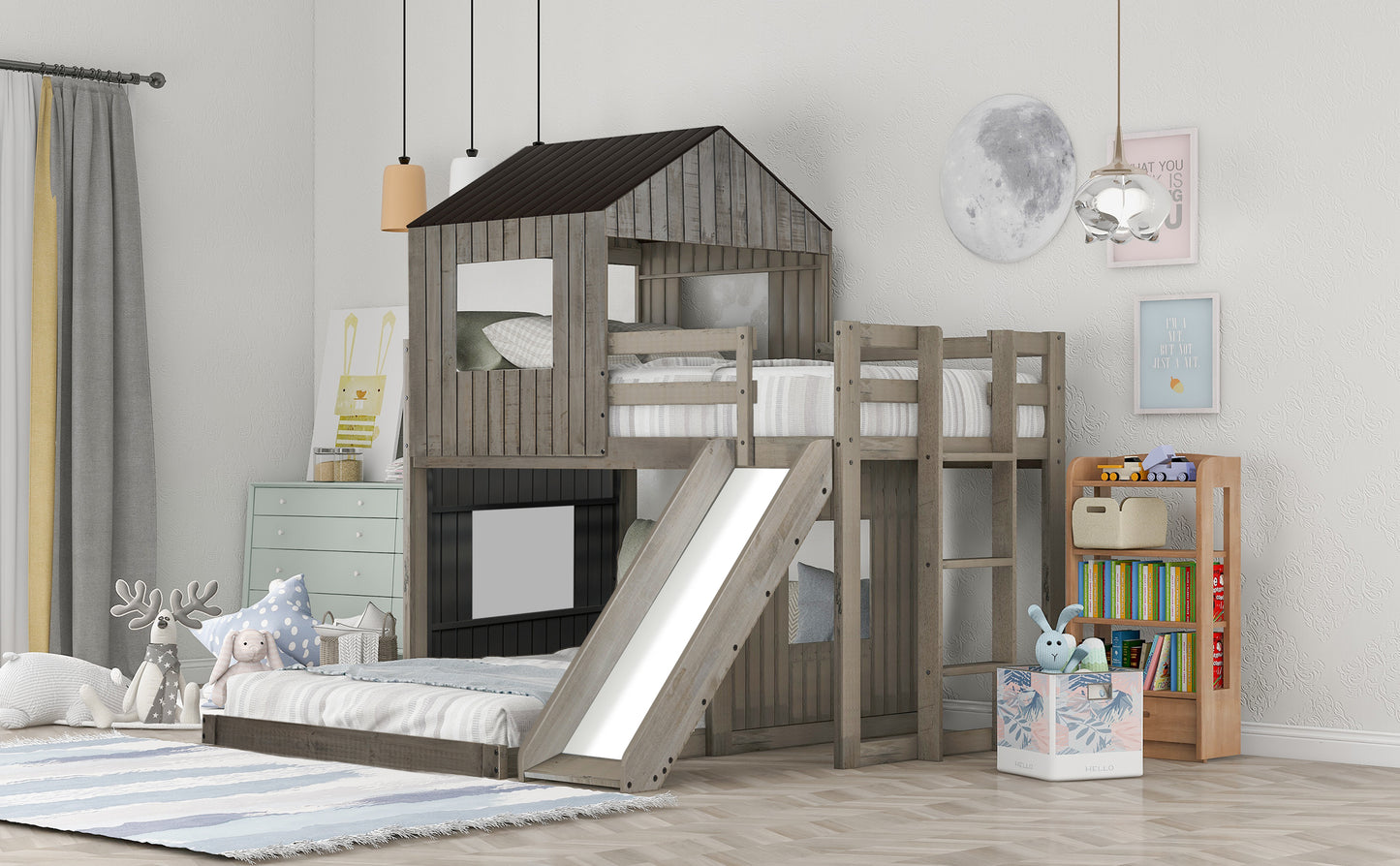 Playhouse Twin Over Full Bunk Bed with Ladder, Slide, and Guardrails in Farmhouse Style