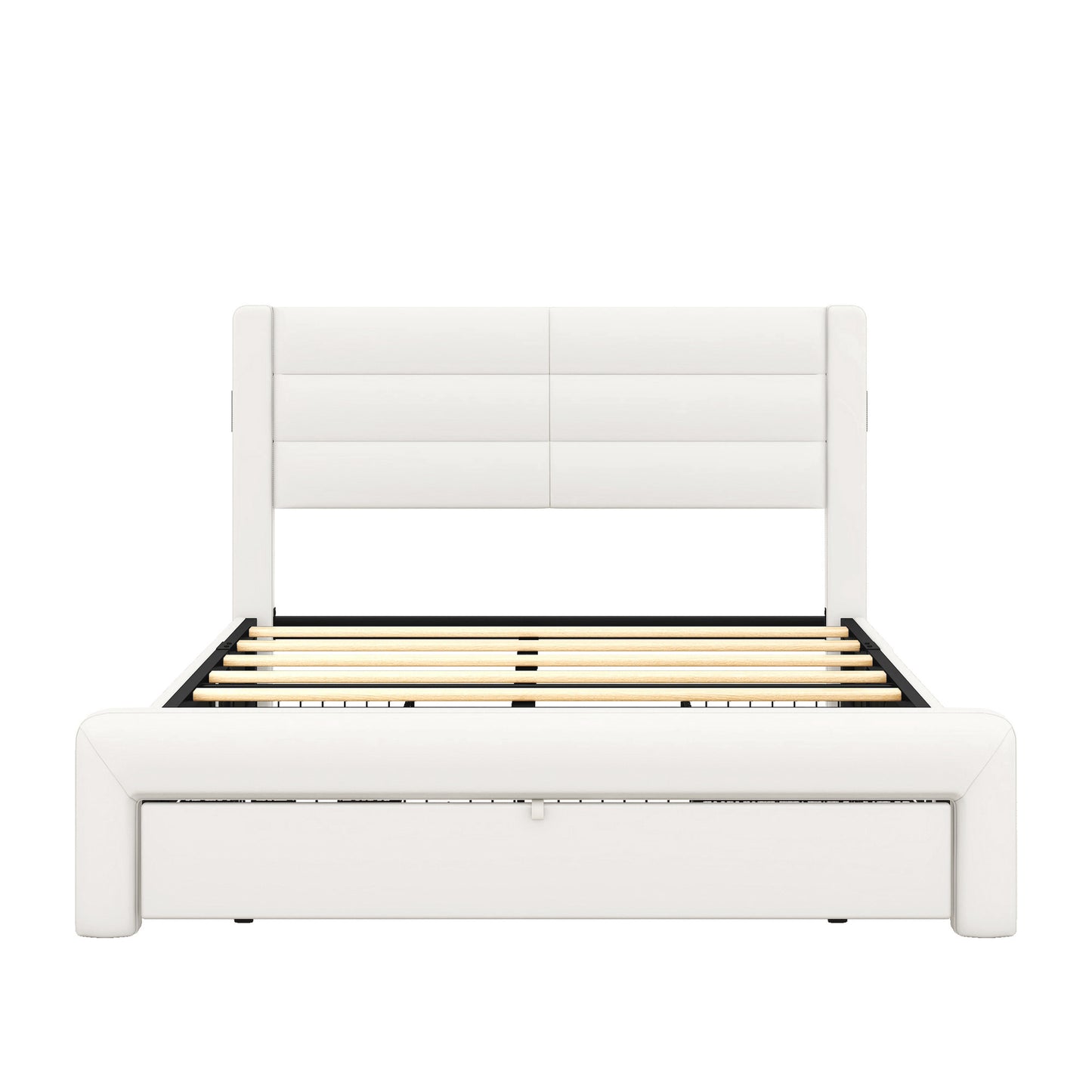 Queen Size Bed Frame with Drawers Storage, Leather Upholstered Platform Bed with Charging Station, White (Expect arrive date Jan. 12th. 2024)