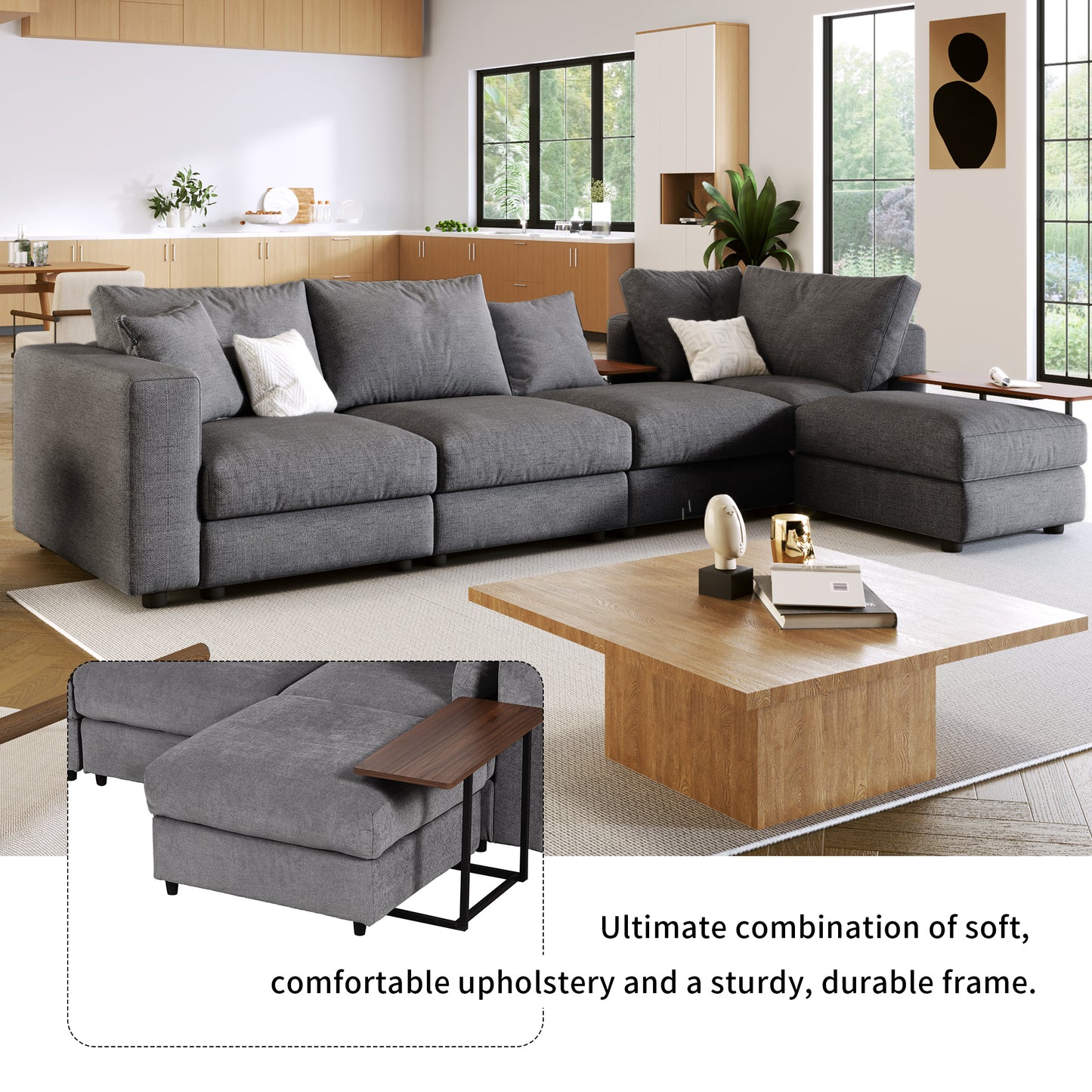 U_STYLE Modern Large L-Shape Sectional Sofa for Living Room, 2 Pillows and 2 End Tables