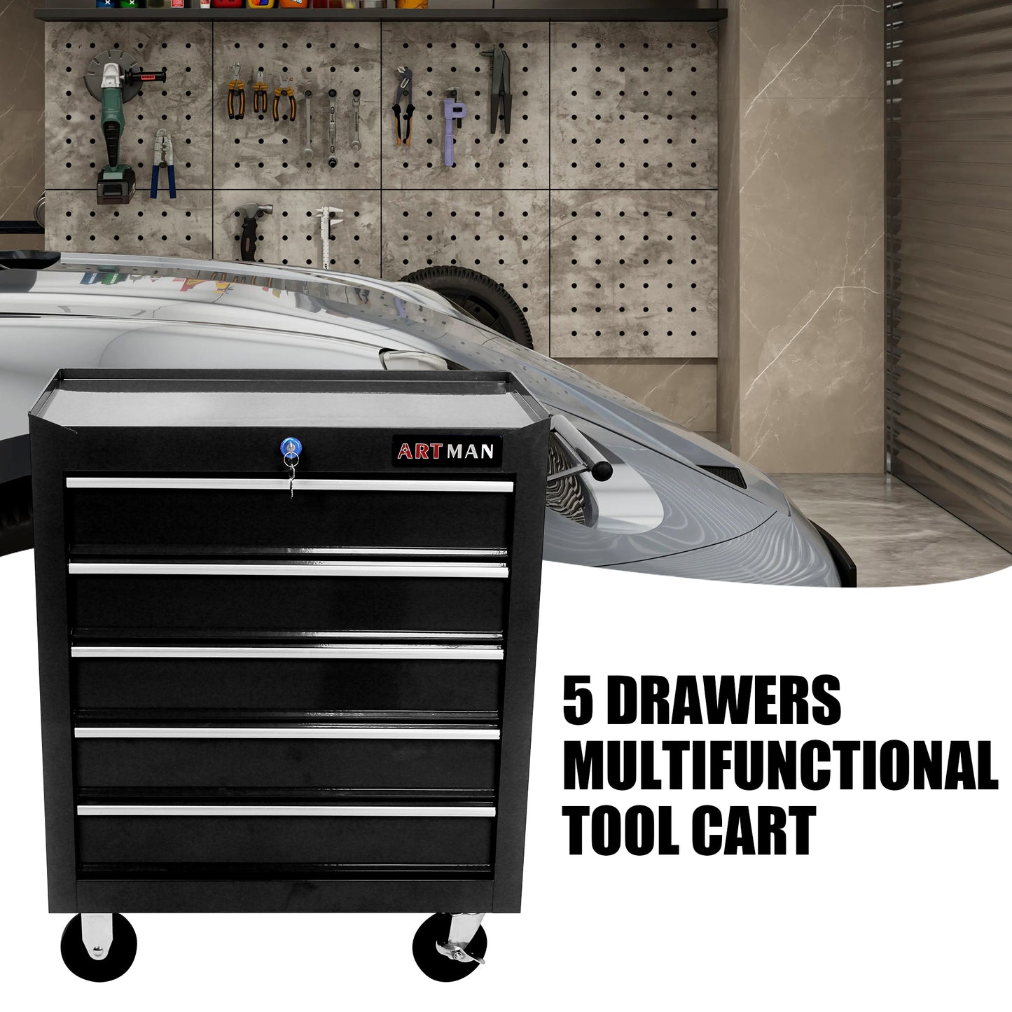 5 DRAWERS MULTIFUNCTIONAL TOOL CART WITH WHEELS-BLACK