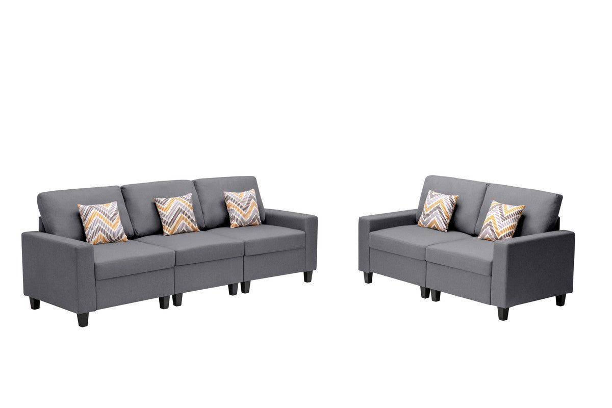 Nolan Gray Linen Fabric Sofa and Loveseat Living Room Set with Pillows and Interchangeable Legs