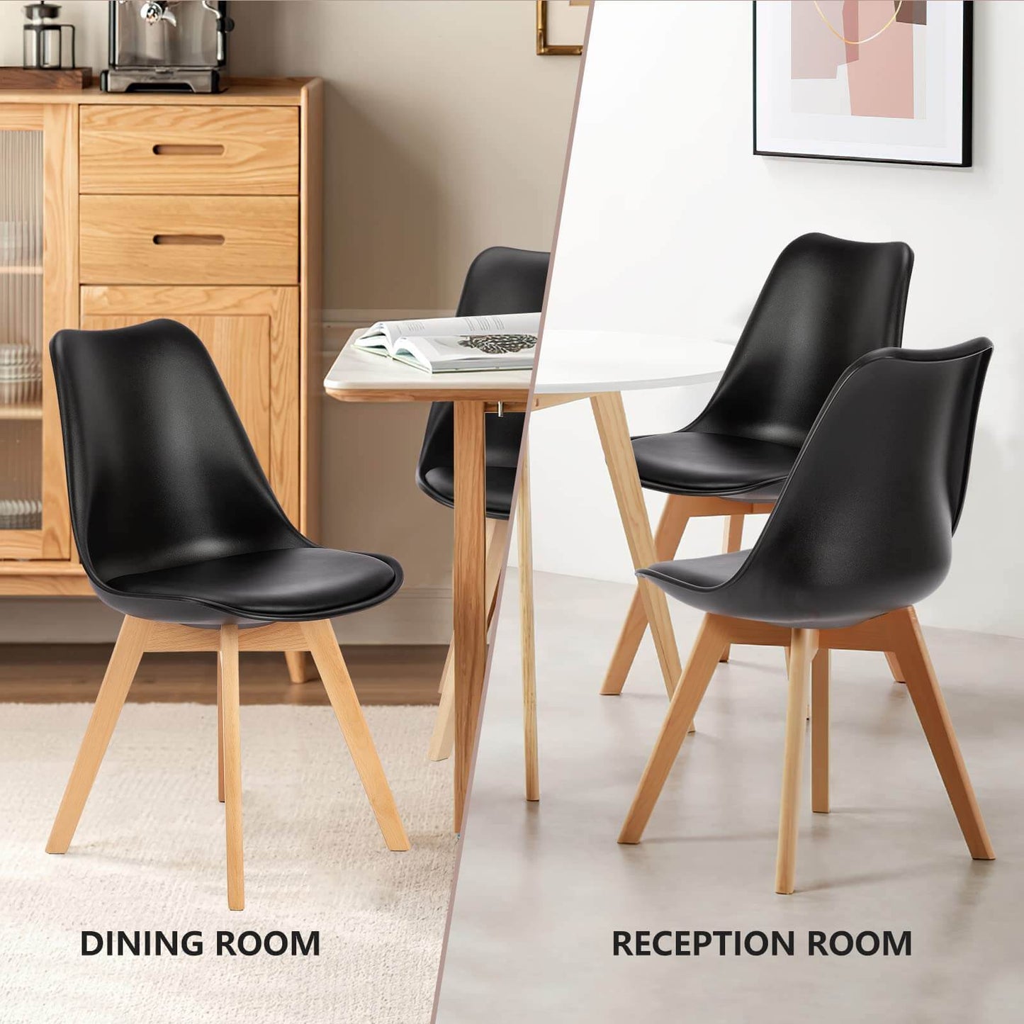 PU Leather Upholstered Dining Chairs with Wood Legs, Set of 4 for Kitchen, Black