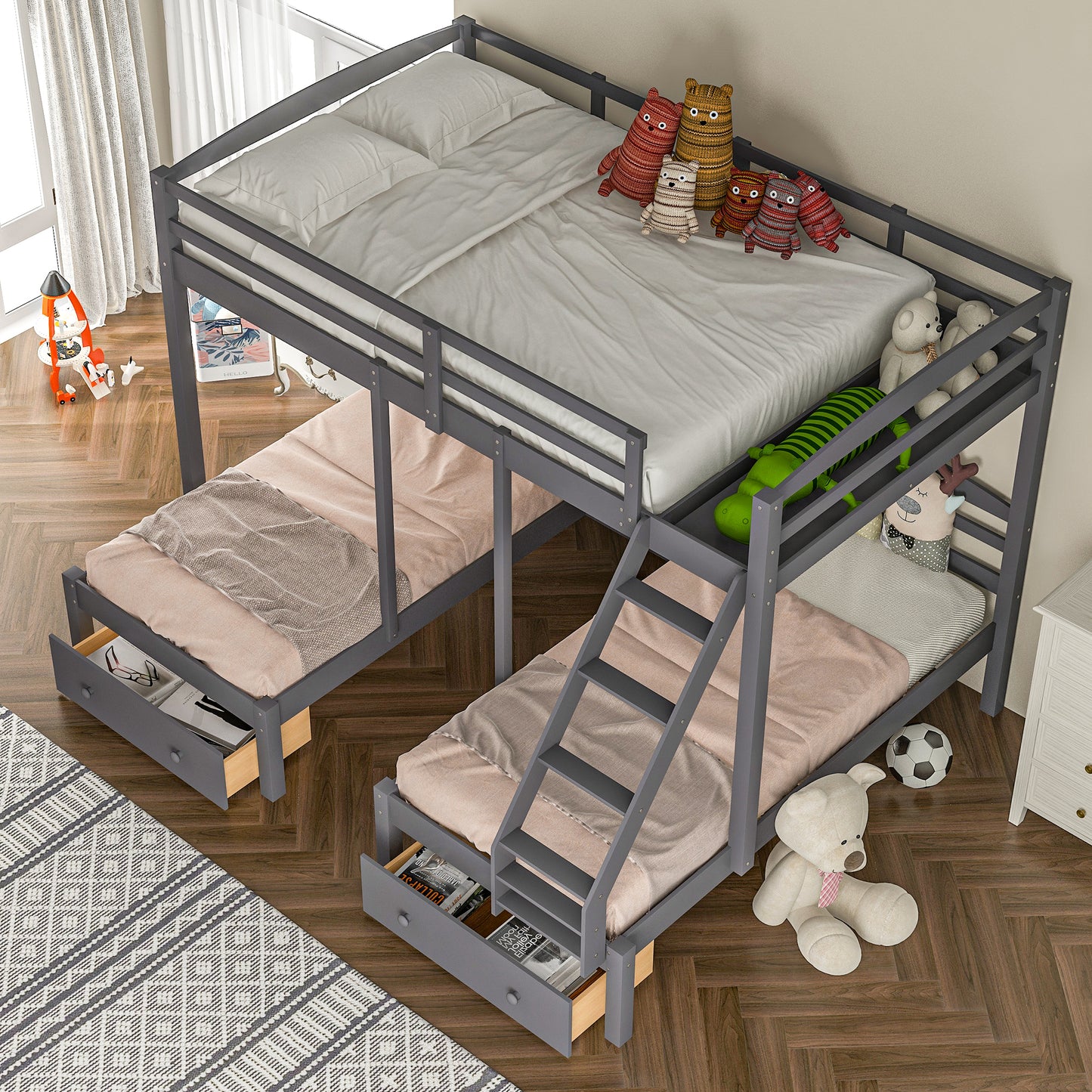 Gray Triple Bunk Bed with Storage Drawers, Full over Twin & Twin Bunk Bed