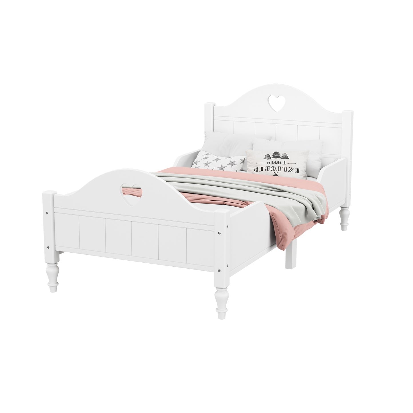 Macaron Twin Size Toddler Bed with Side Safety Rails and Headboard and Footboard,White