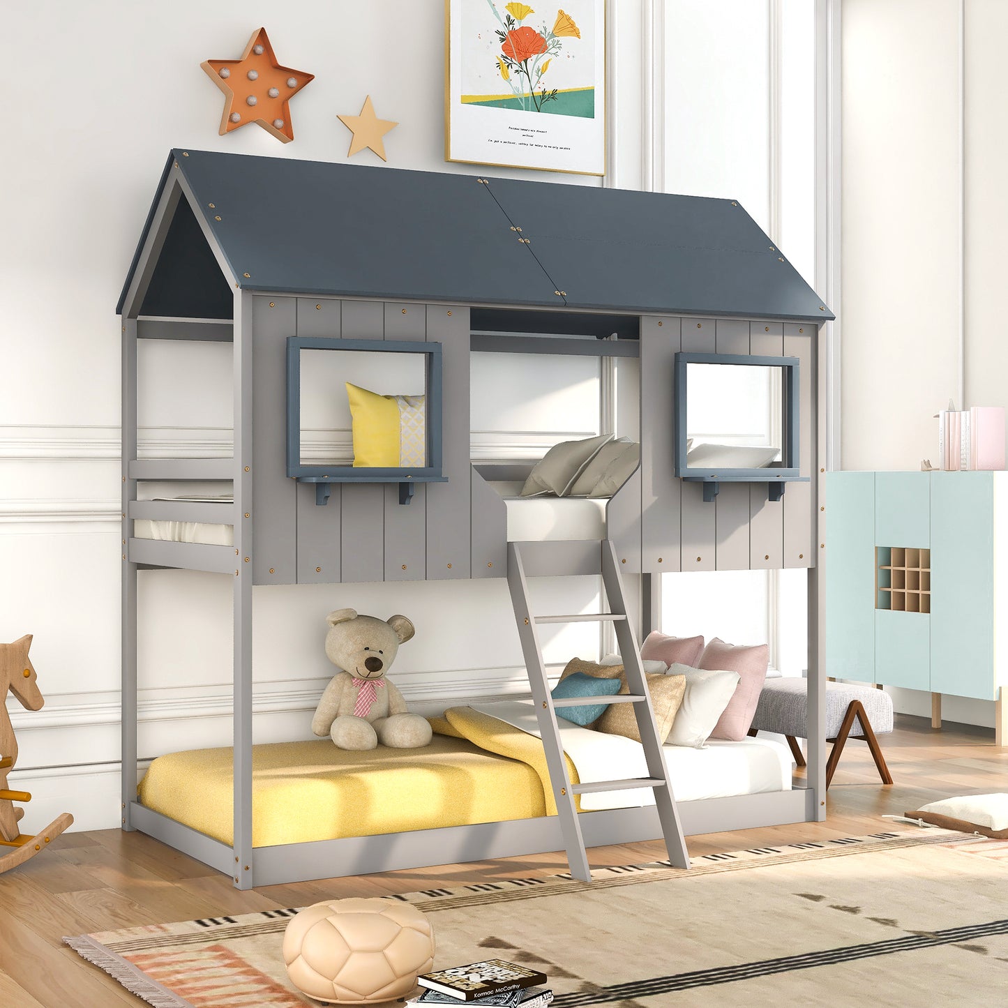 Gray Playhouse Bunk Bed with Twin Over Twin Design