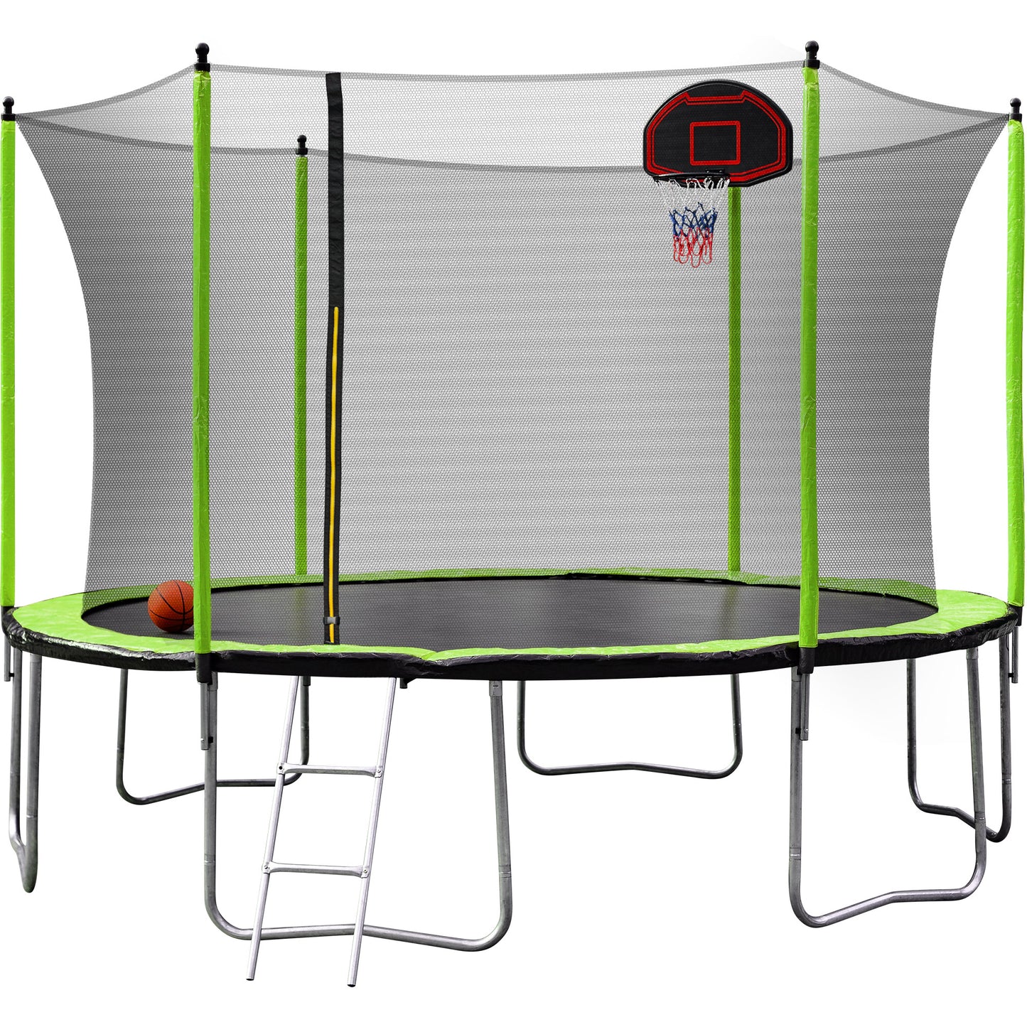 14FT  Trampoline with Basketball Hoop Inflator and Ladder(Inner Safety Enclosure) Green