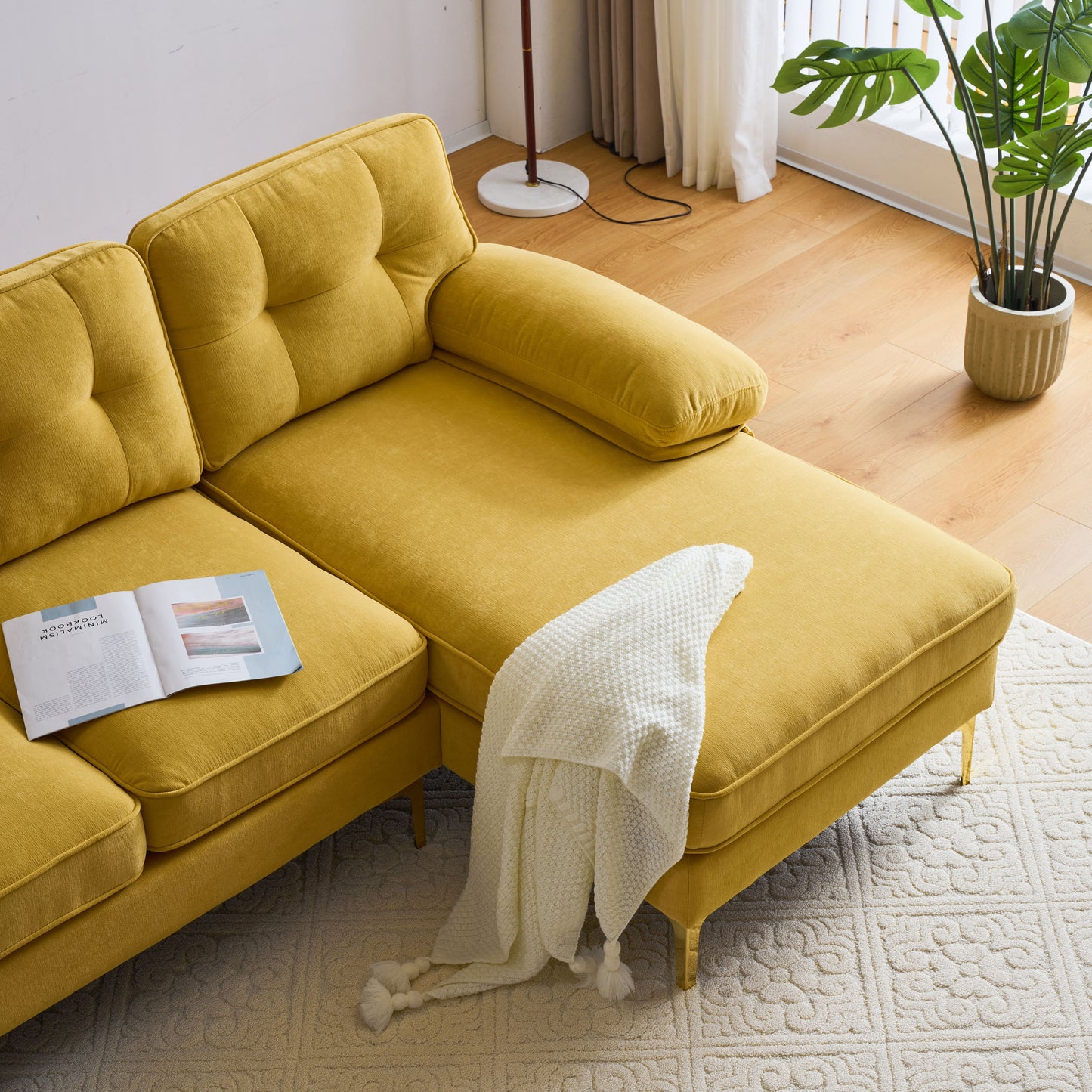 Modern Yellow Velvet L-Shaped Sectional Sofa for Living Room or Bedroom