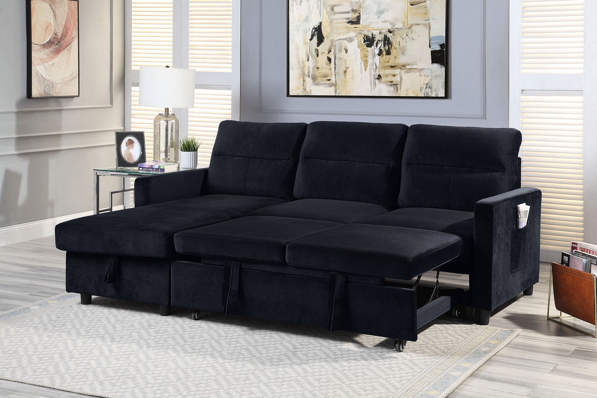 Black Velvet Reversible Sleeper Sectional Sofa with Storage Chaise and Side Pocket