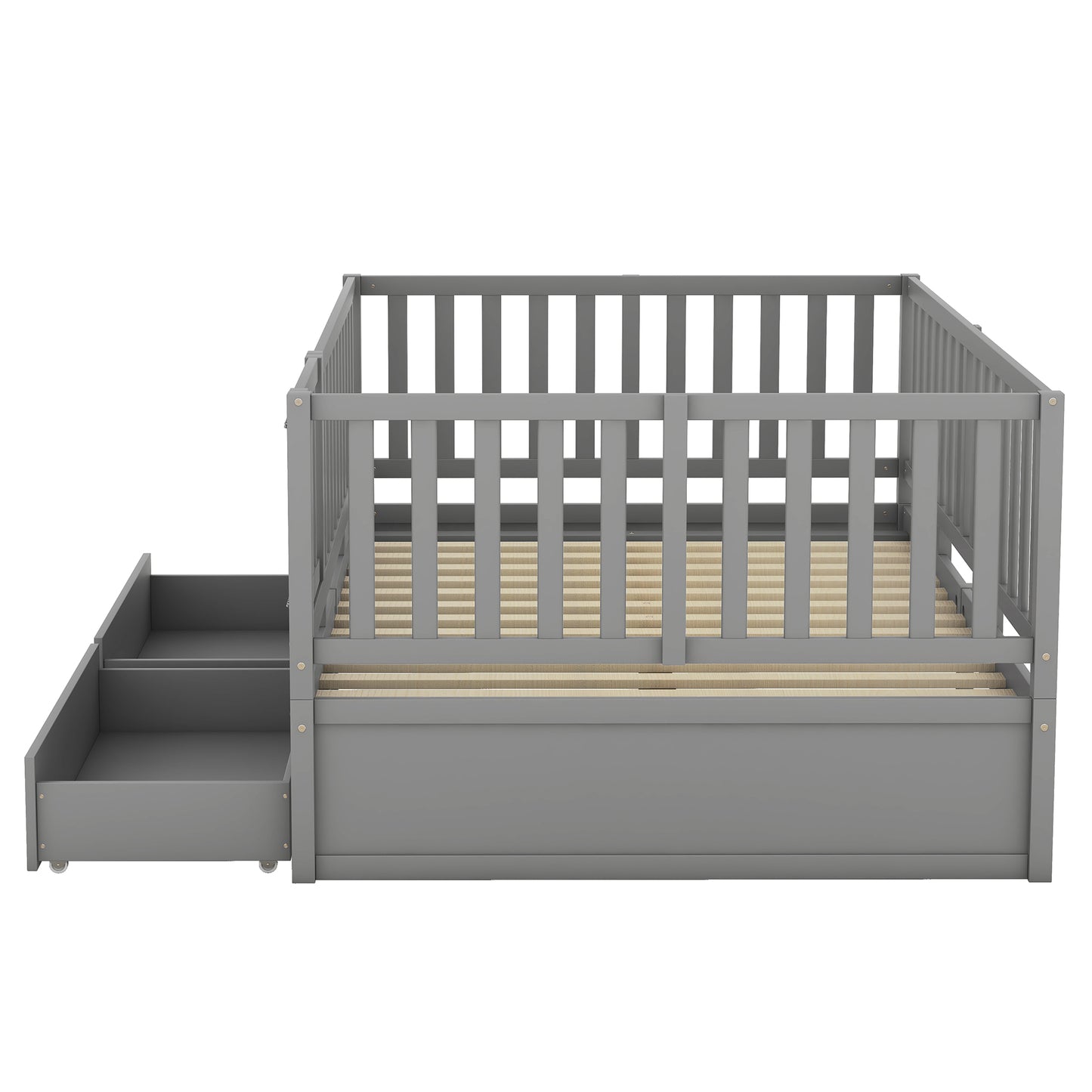 Full Size Wood Daybed with Fence Guardrails and 2 Drawers, Used as Independent Floor Bed & Daybed, Gray