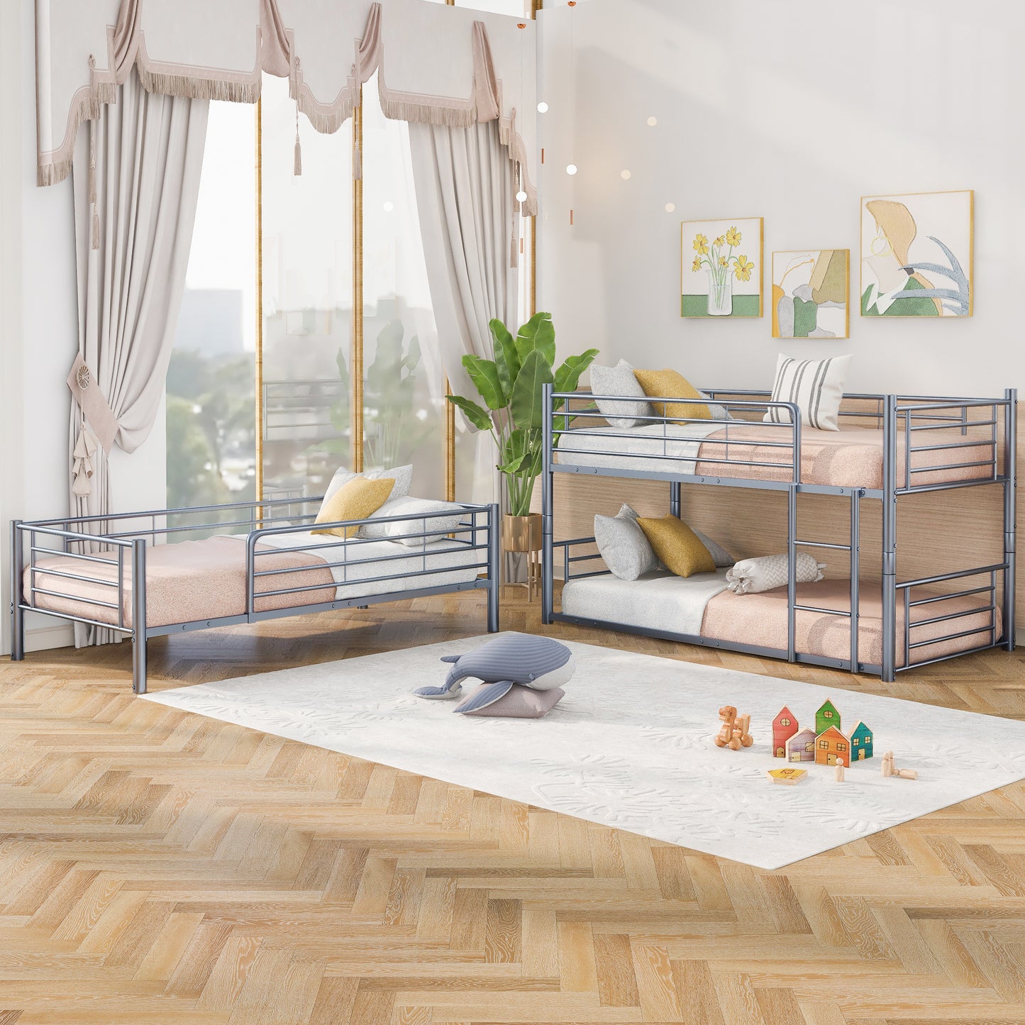 Twin-Twin-Twin Triple Bed with Built-in Ladder, Divided into Three Separate Beds,Gray(OLD SKU:LP000197AAE)