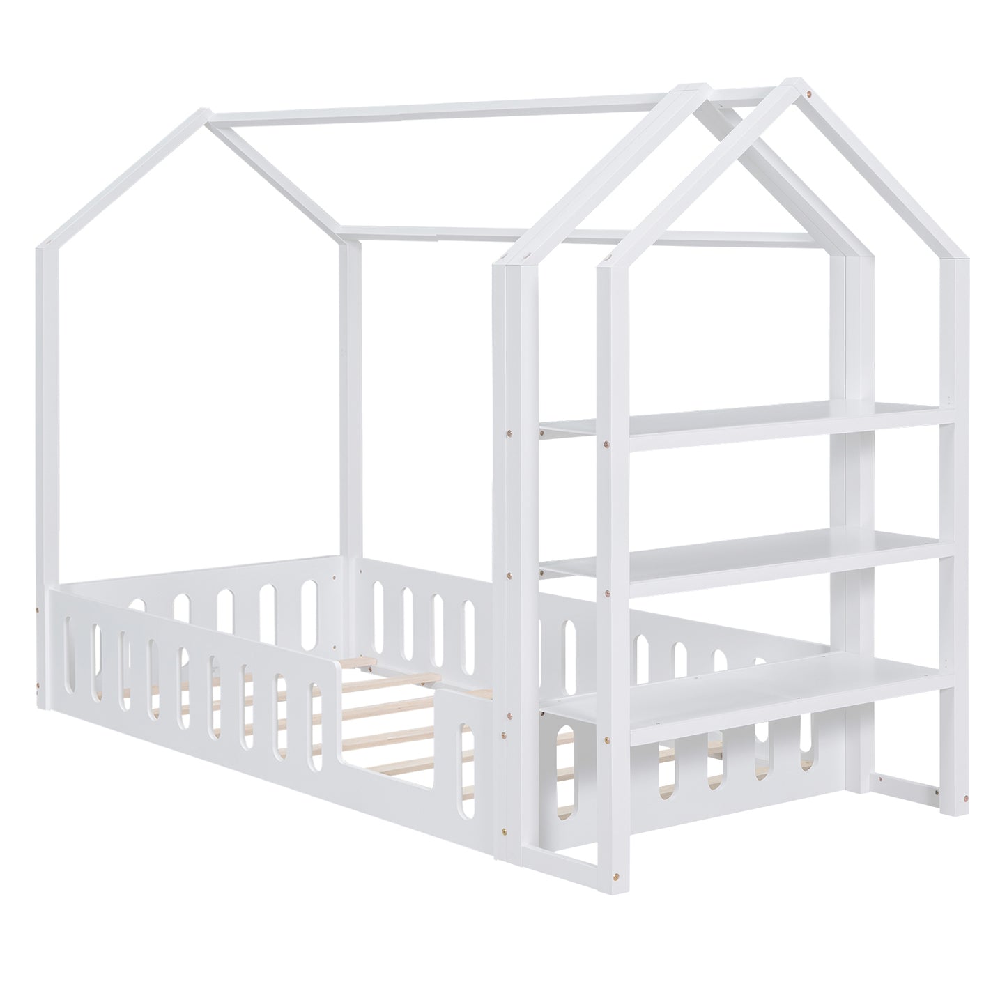 Twin Size Wood House Bed with Fence and Detachable Storage Shelves, White(Expected Arrival Time: 1.7)