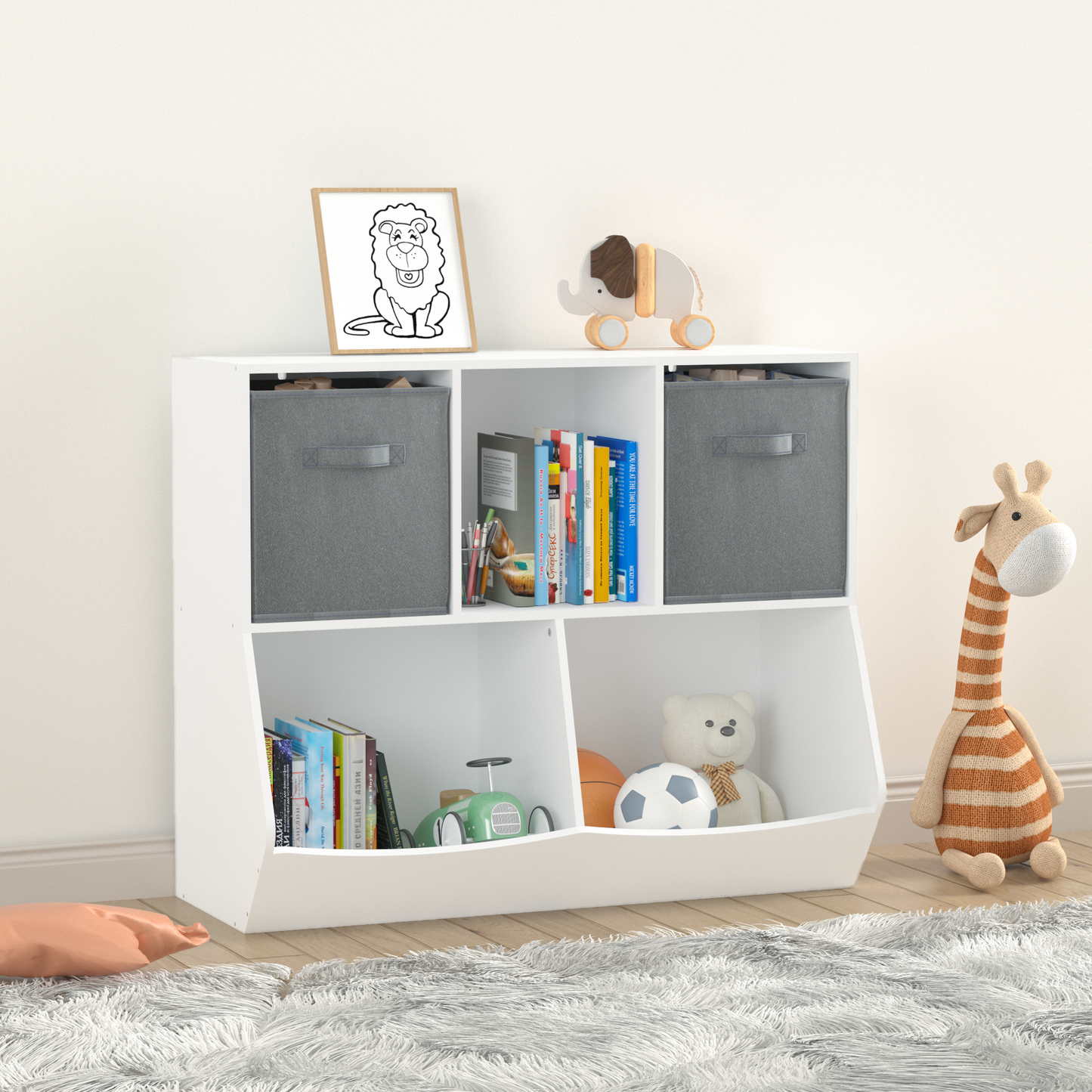 Kids Bookcase with Collapsible Fabric Drawers, Children's Toy Storage Cabinet for Playroom, Bedroom, Nursery, School, White/Gray