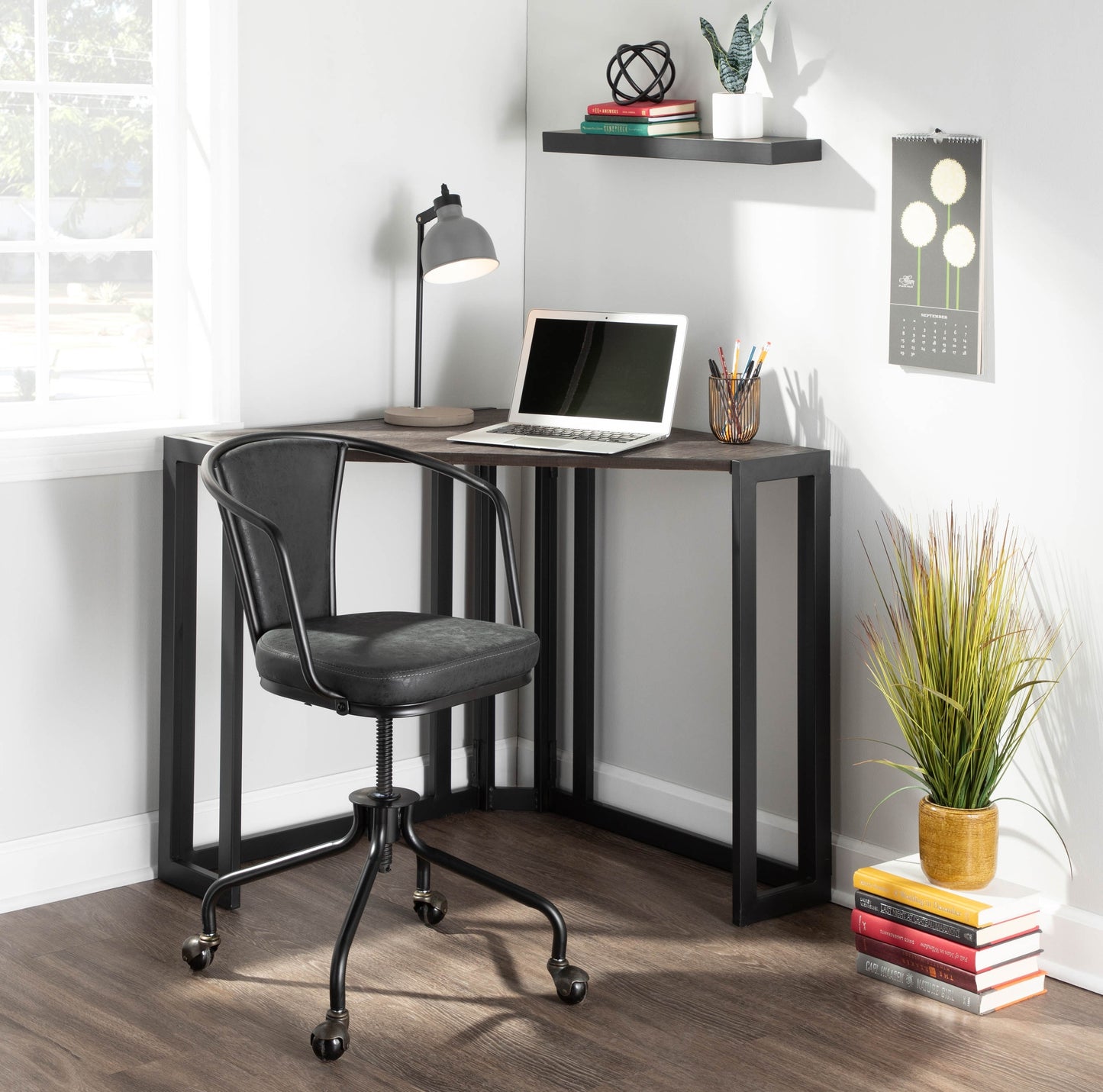 Roman Industrial L-Shaped Desk: Black Metal with Espresso Bamboo Top