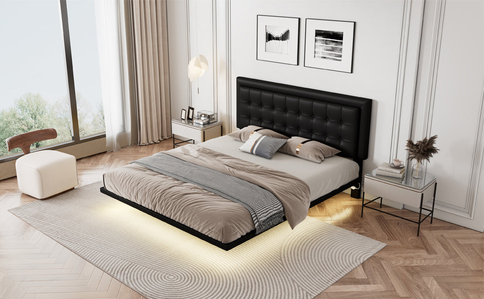 Queen Size Floating Bed Frame with Motion Activated Night Lights,Modern PU Upholstered Button Tufted Platform Bed Frame,Black