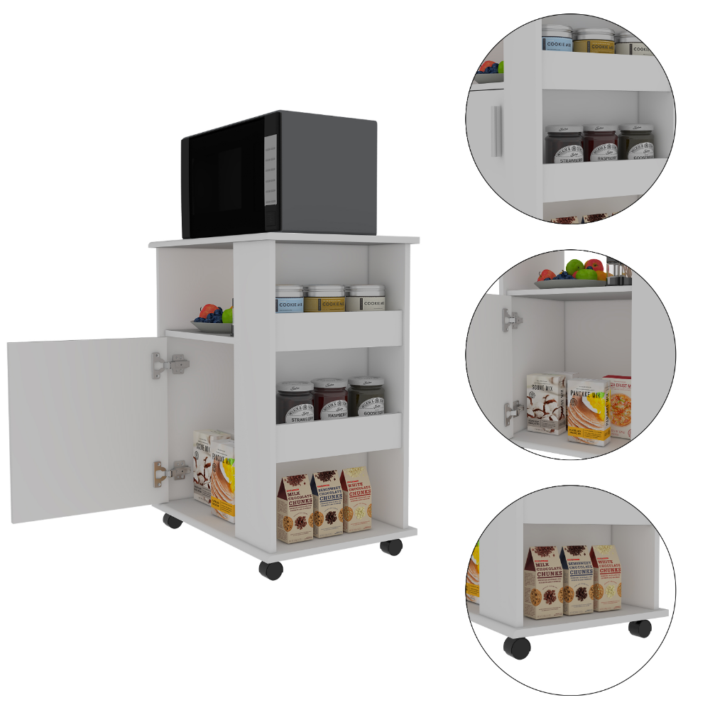 Stamford 2 Piece Kitchen Set, Delos Kitchen Island + Munich Lower Microwave Pantry Cabinet , White /Onyx