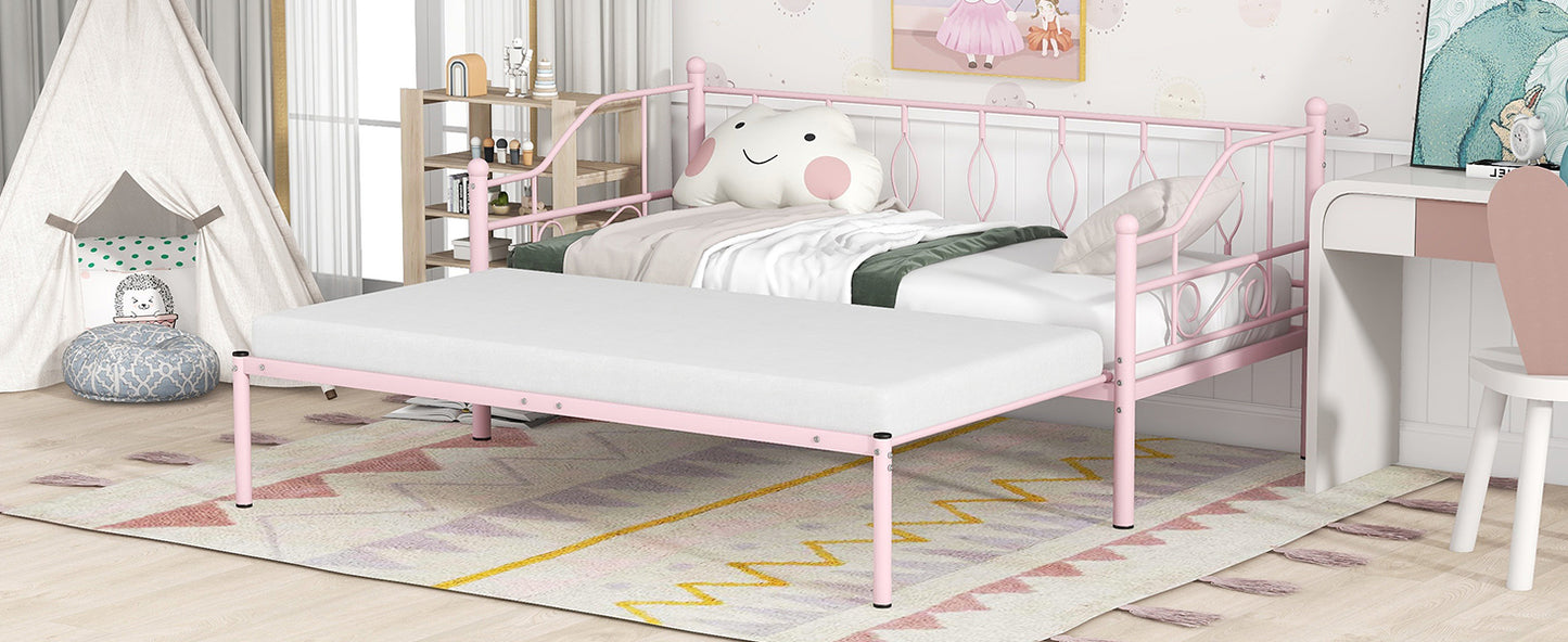 Twin Size Metal Daybed with Trundle, Daybed with Slat No Box required Pink