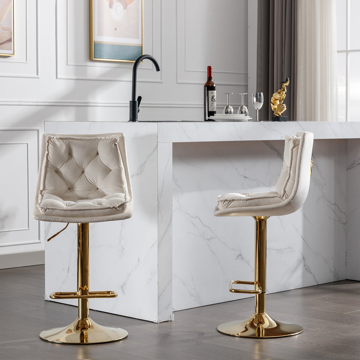 Set of 2 Bar Stools,with Chrome Footrest and Base Swivel Height Adjustable Mechanical Lifting Velvet + Golden Leg Simple Bar Stoo,cream