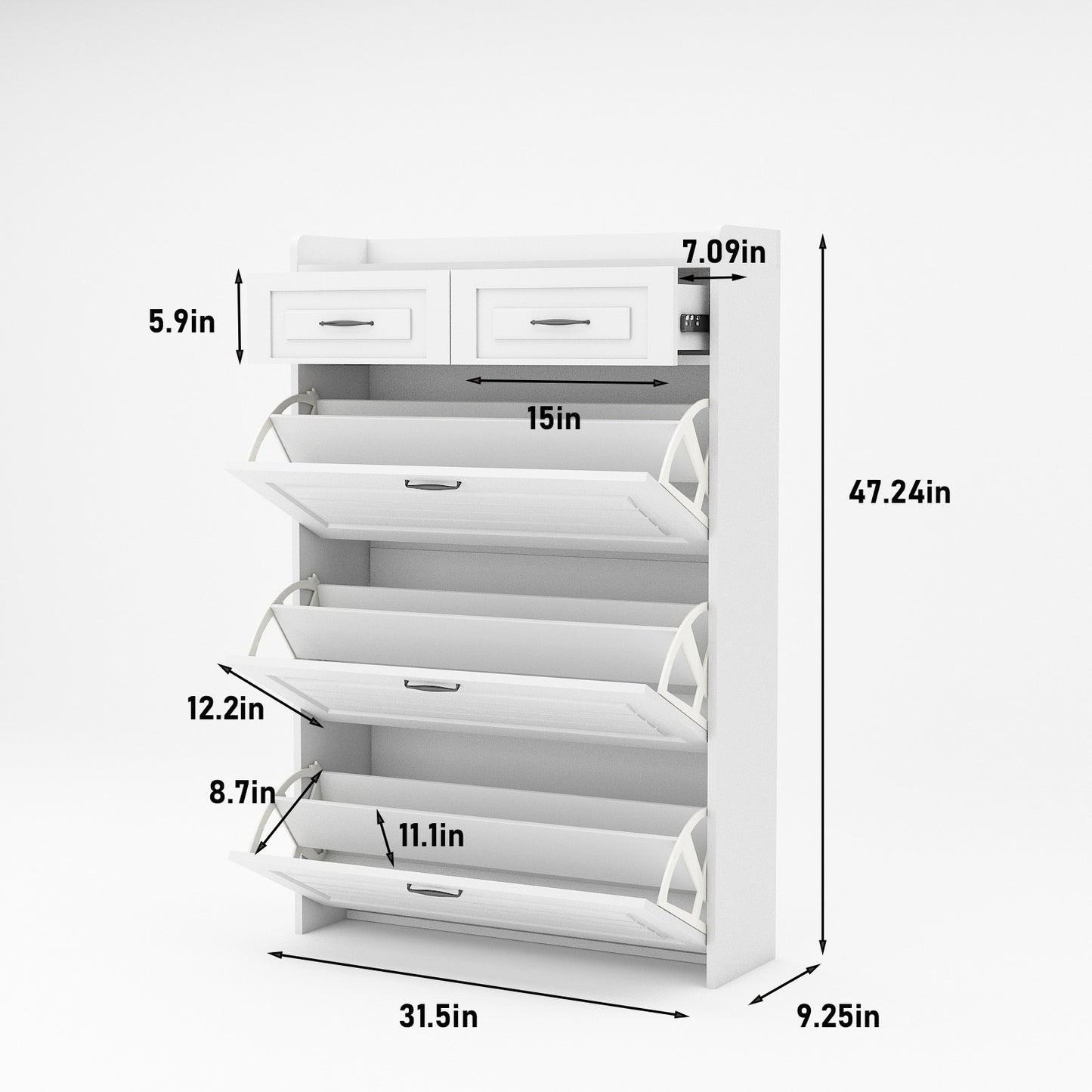 White color shoe cabinet  with 3 doors 2 drawers,PVC door with shape ,large space for storage