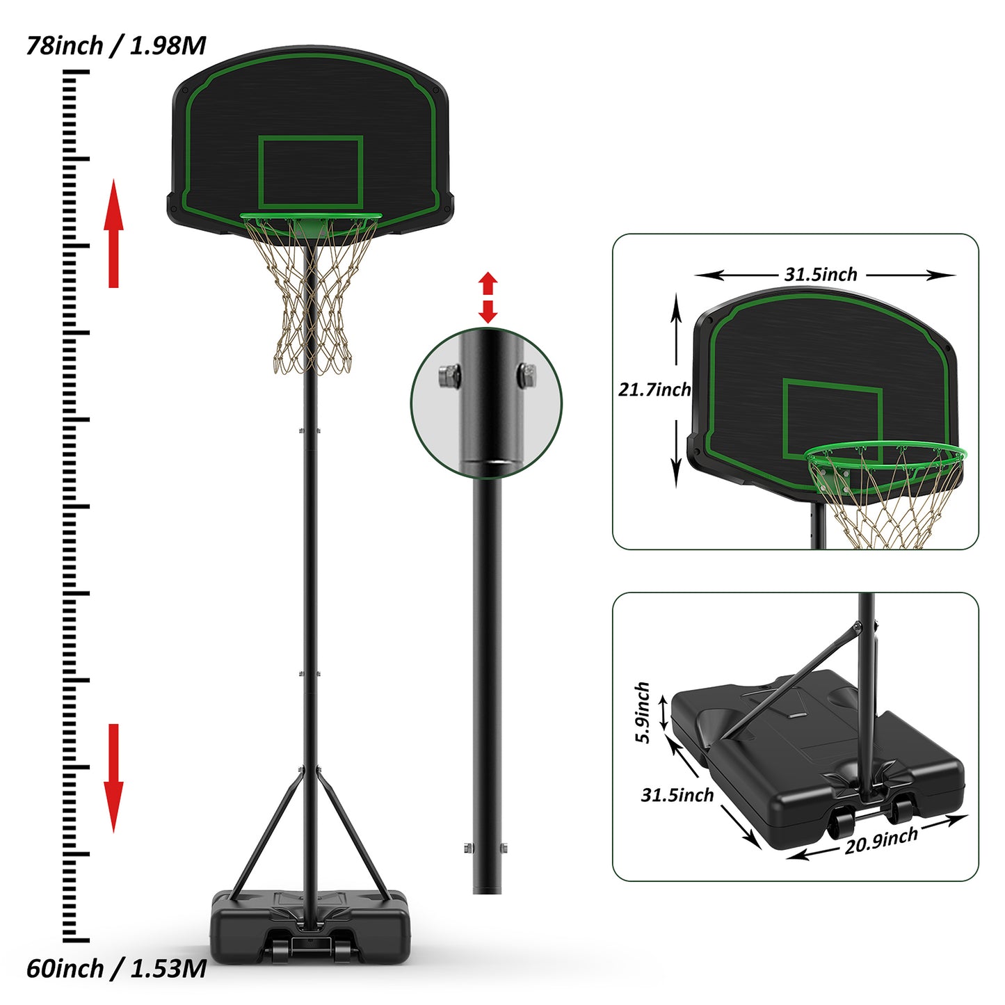 Basketball Hoop System Stand with 30in Backboard, Height Adjustable 60Inch-78Inch for Indoor Outdoor, Fillable Base with Wheels for Kids, Youth