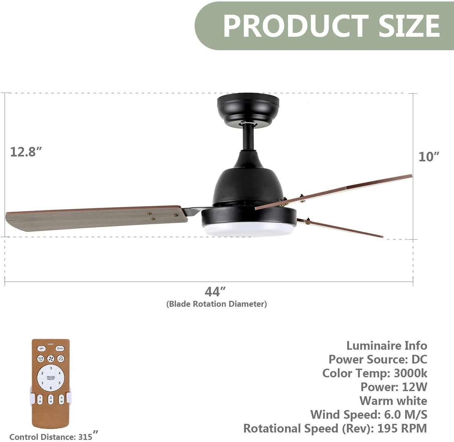 Quiet Breeze 44-inch Ceiling Fan with LED Light, Remote Control, and 6-Speed Modes