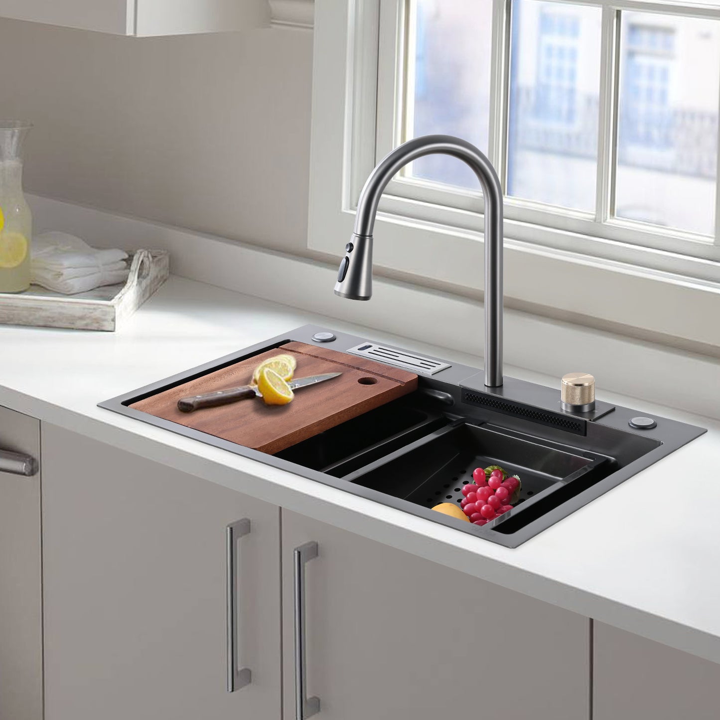 Contemporary Stainless Steel Kitchen Sink Set with Rainfall Faucet and Accessories