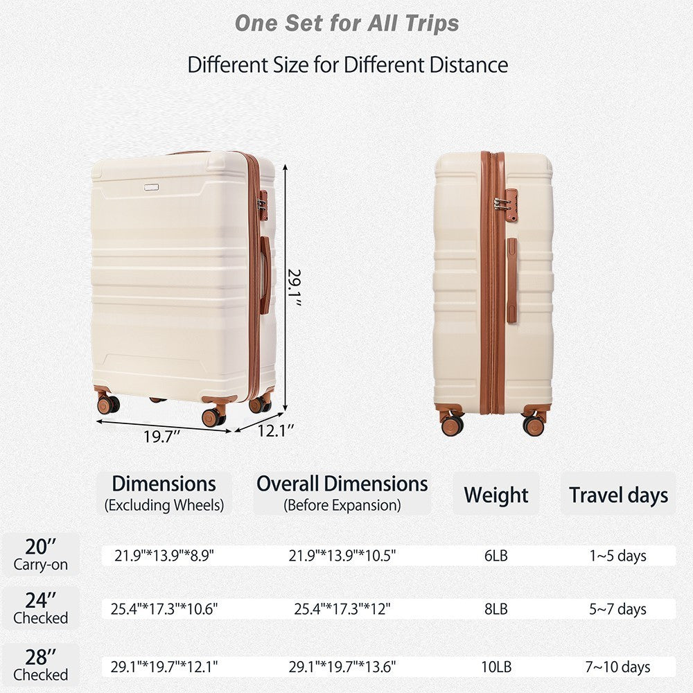 Luggage Sets 4 Piece, Expandable ABS Durable Suitcase with Travel Bag, Carry On Luggage Suitcase Set with 360° Spinner Wheels, ivory and brown