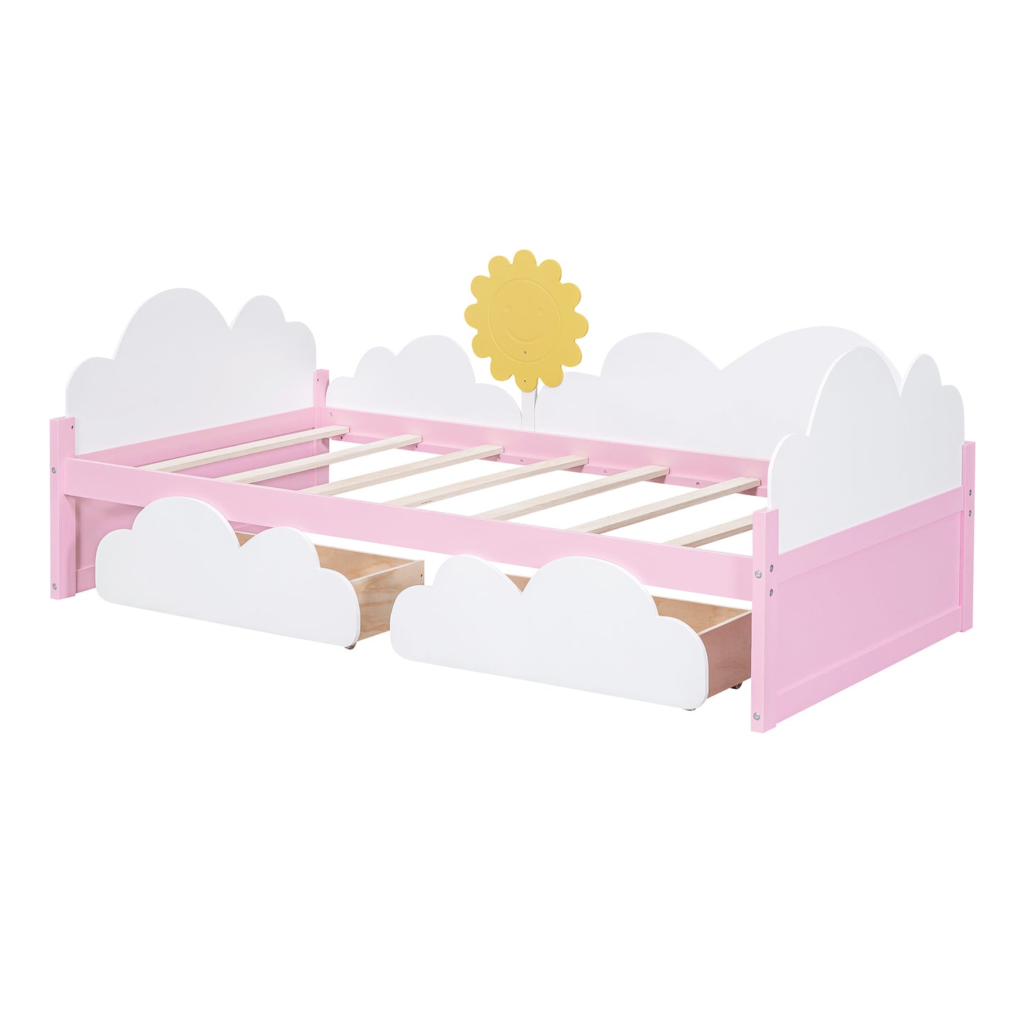 Twin Size Bed with Clouds and Sun Decor, Platform Bed with 2 Drawers (White+Pink)