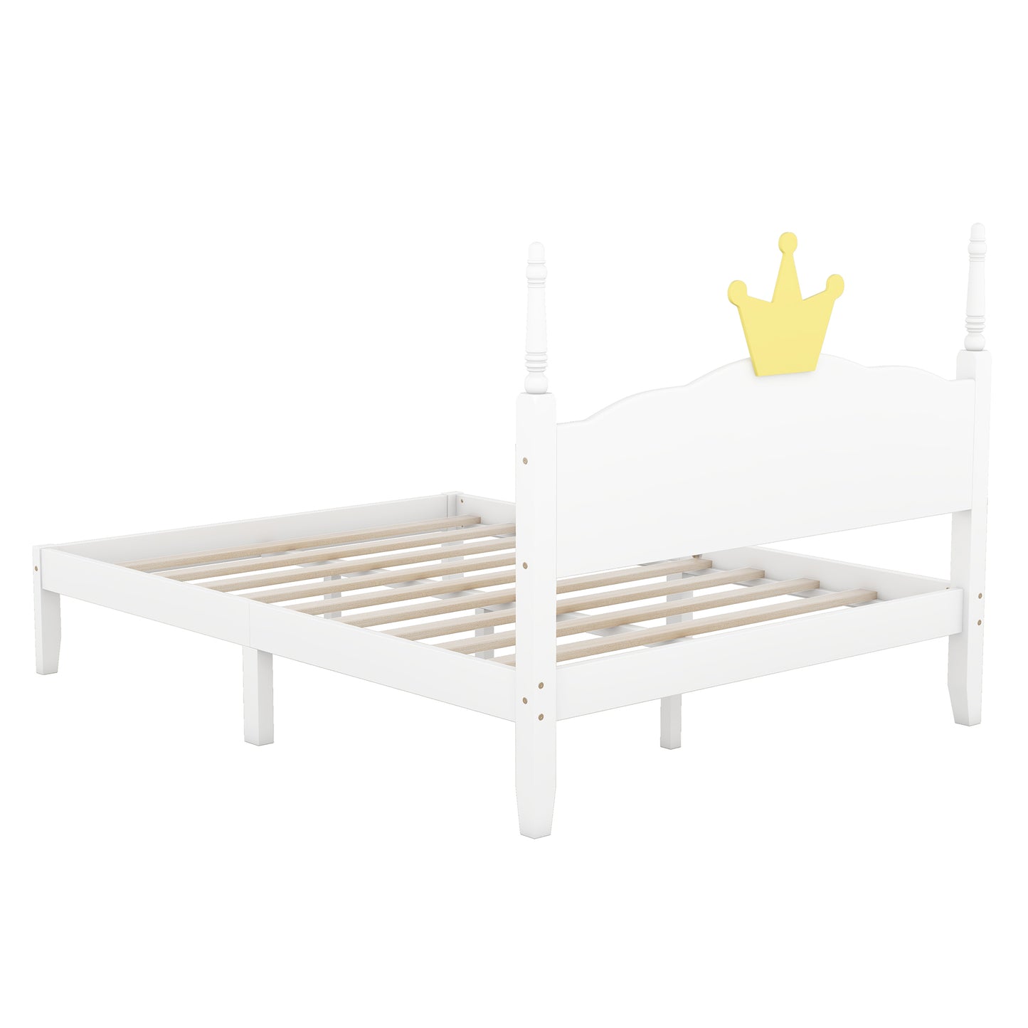 Full Size Wood Platform Bed with Crown Shaped Headboard, White