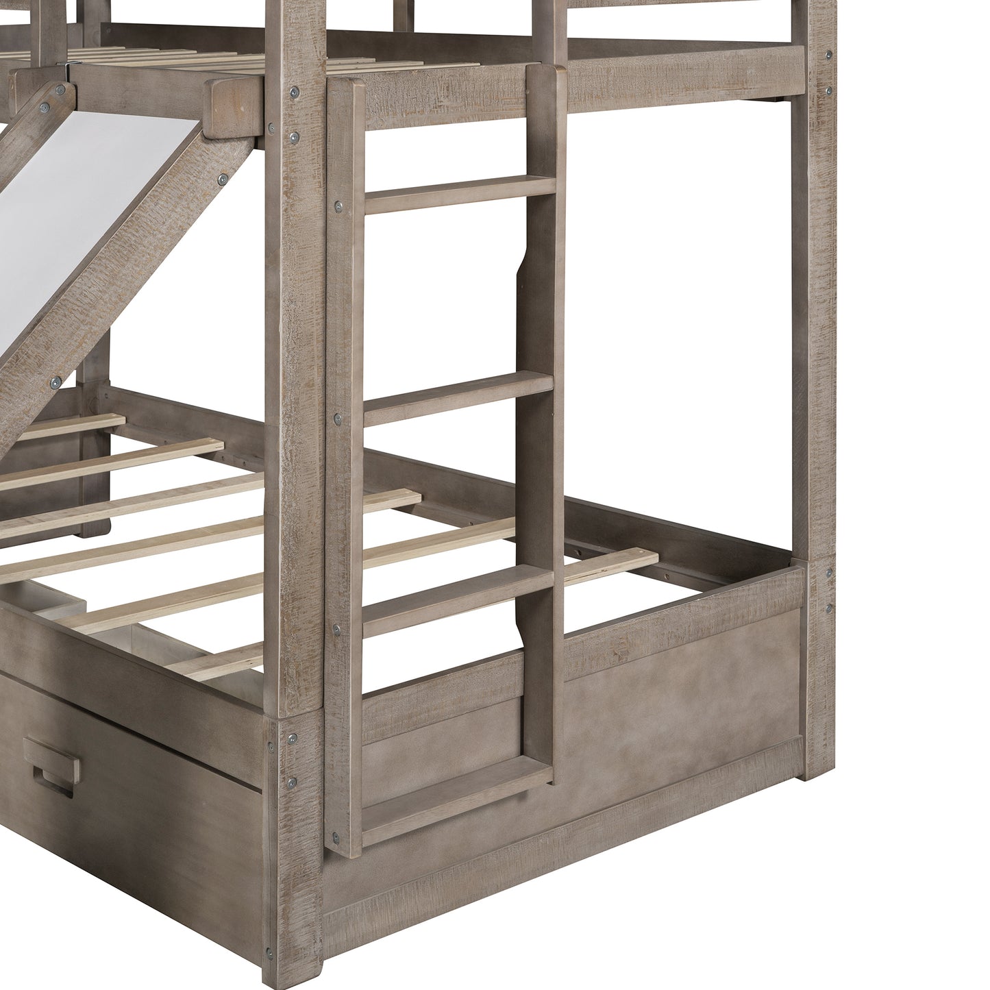 House-Shaped Twin Over Twin Bunk Bed with Slide, Storage Drawers, and Antique Gray Wood Finish