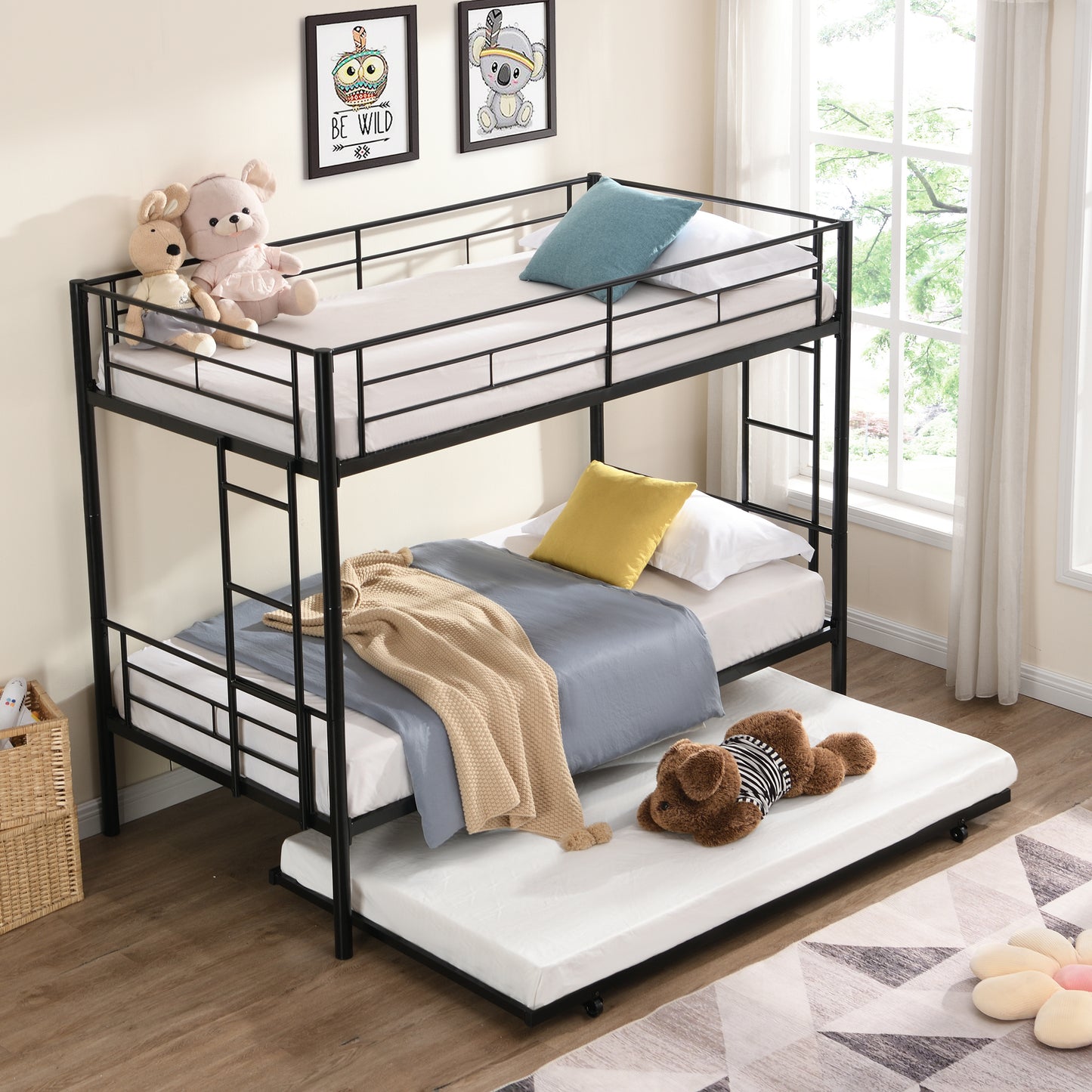 Triple Metal Bunk Bed with Trundle in Elegant Black