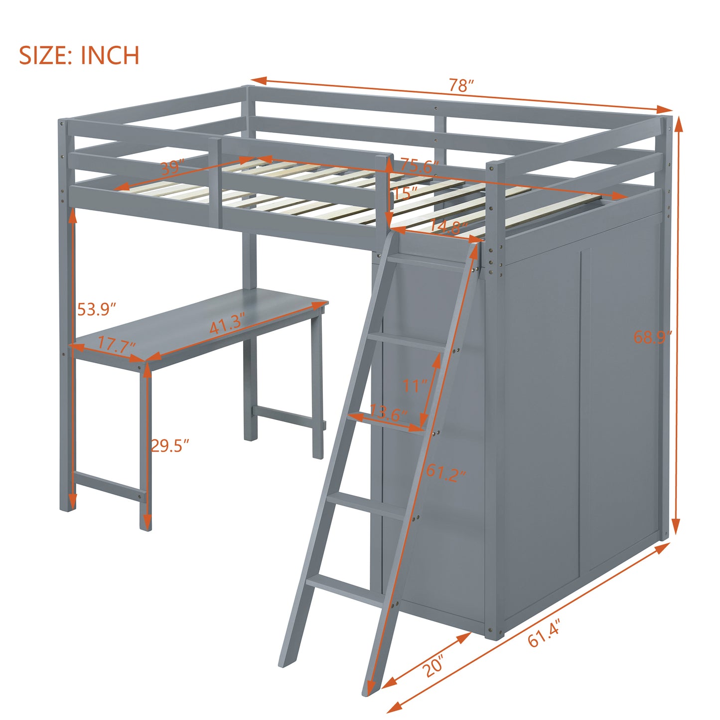 Twin Size Loft Bed with Wardrobe and Desk, Gray