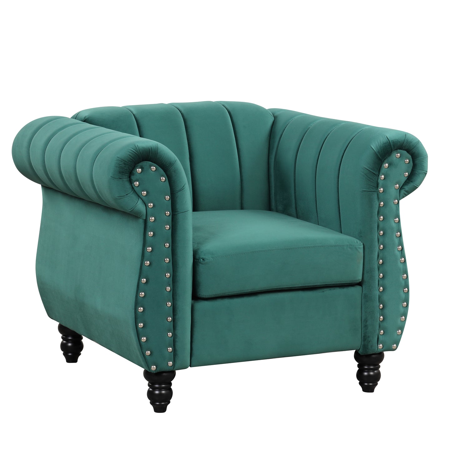 Modern Green Upholstered Sofa with Tufted Backrest and Solid Wood Legs