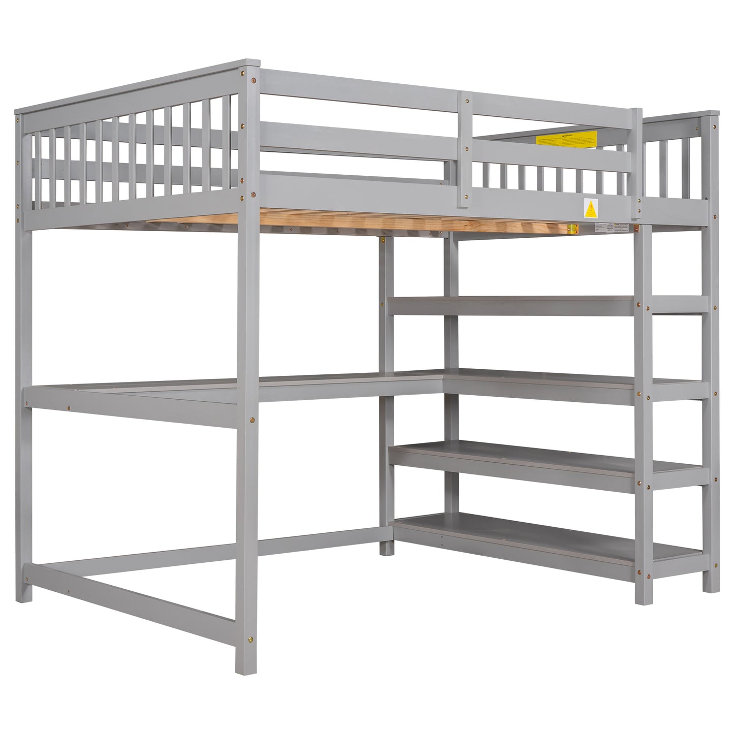 Full Size Loft Bed with Storage Shelves and Under-bed Desk, Gray