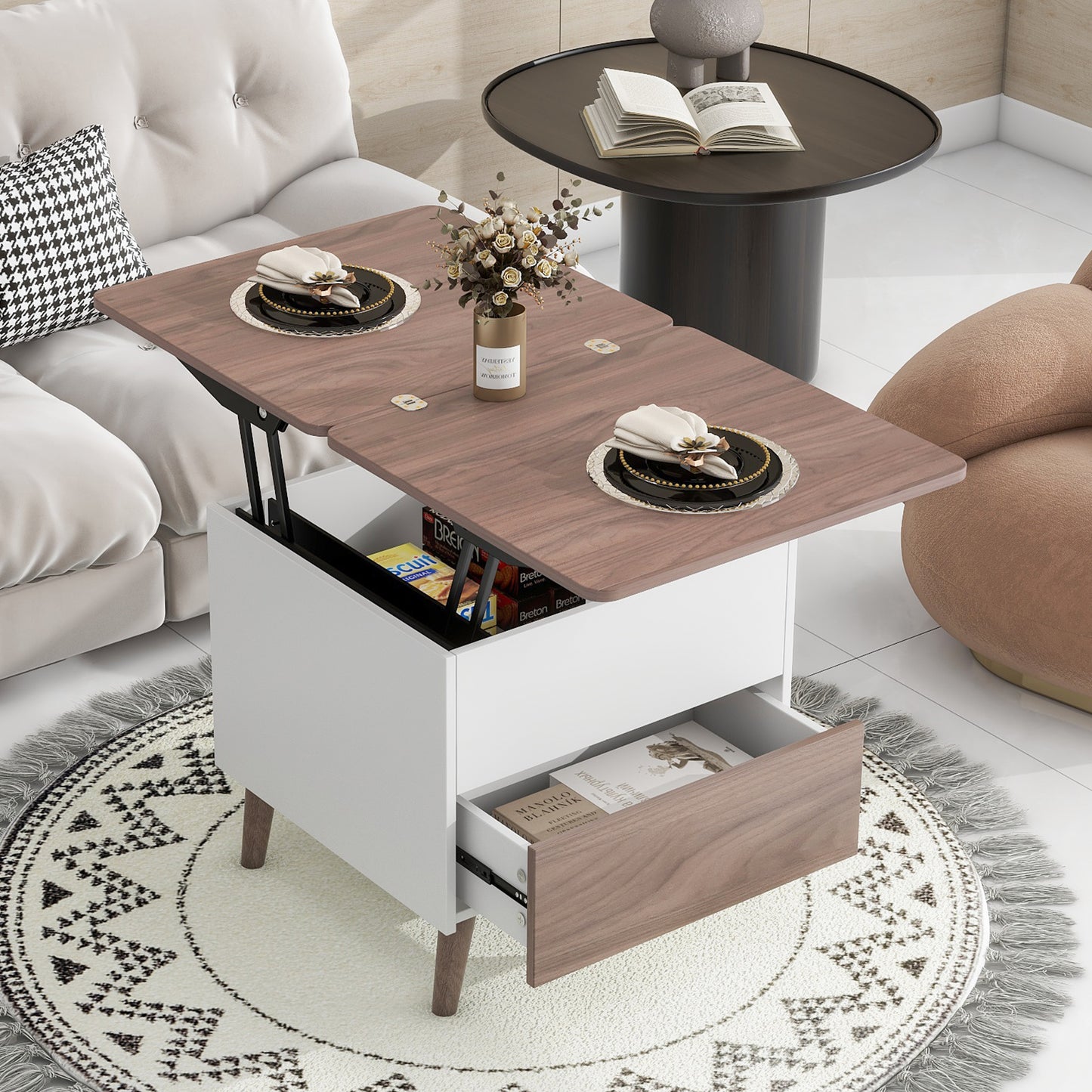 Walnut Extendable Coffee Table with Lift Top and Storage Shelf