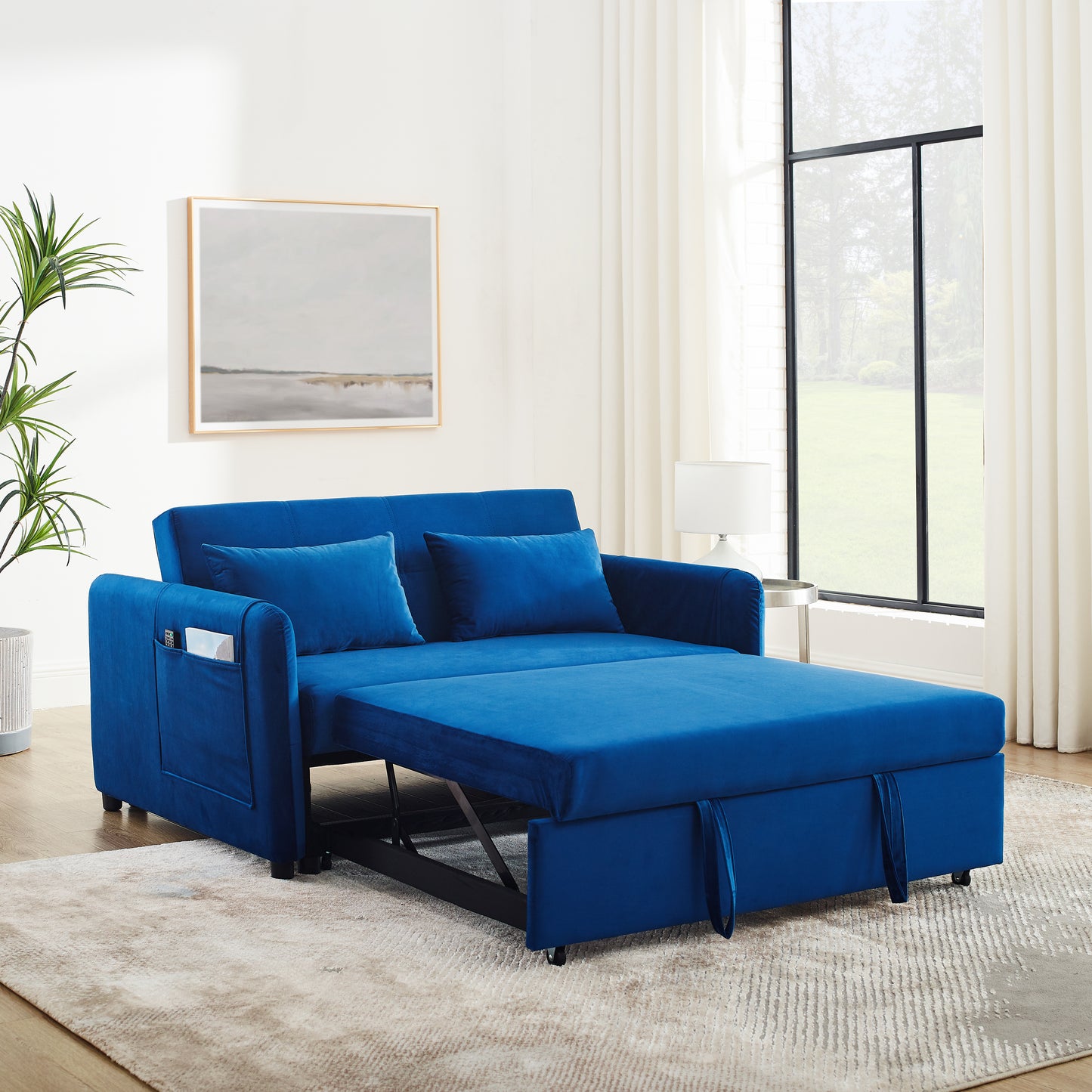 Convertible Sofa Bed, 3-in-1 Versatile Velvet Double Sofa with Pullout Bed, Seat with Adjustable Backrest, Lumbar Pillows, and Living Room Side Pockets, 54 Inch, Blue