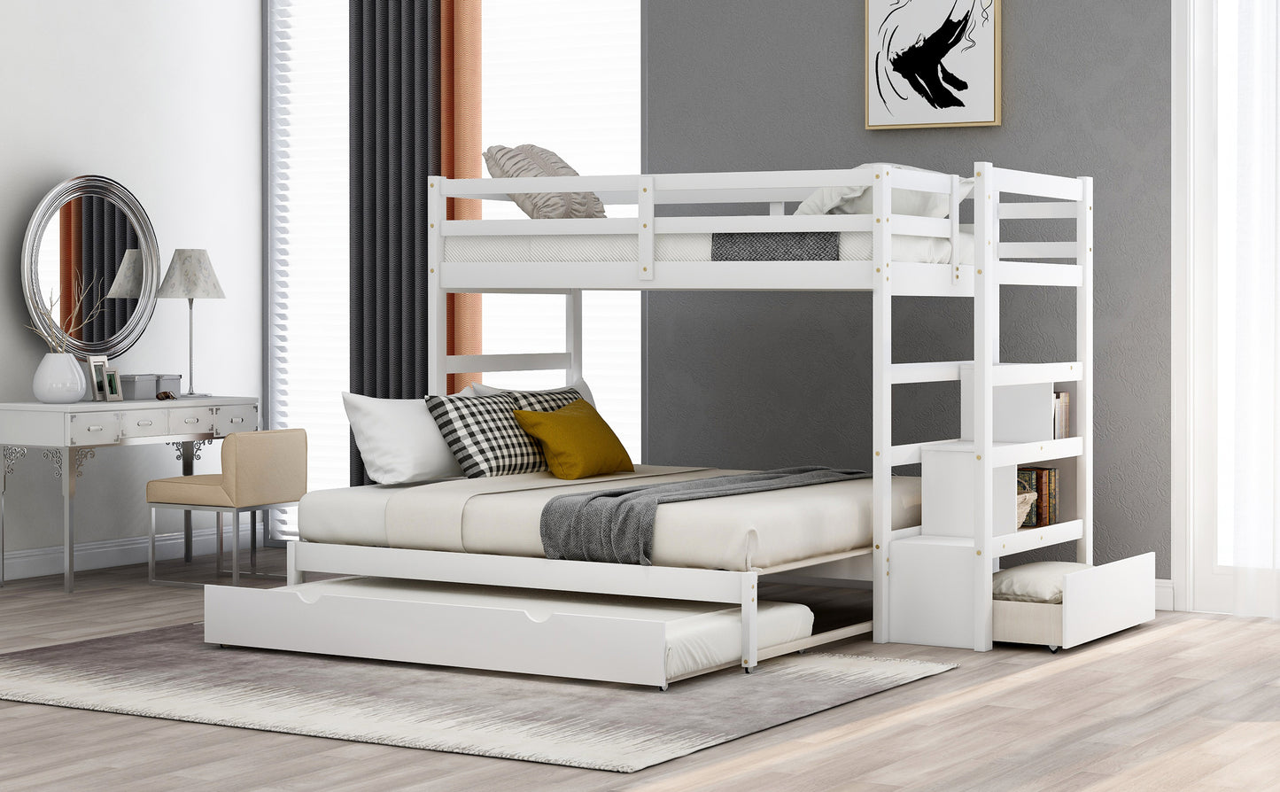 Convertible Storage Bunk Bed with Trundle, Stairs, and Versatile Design (White)