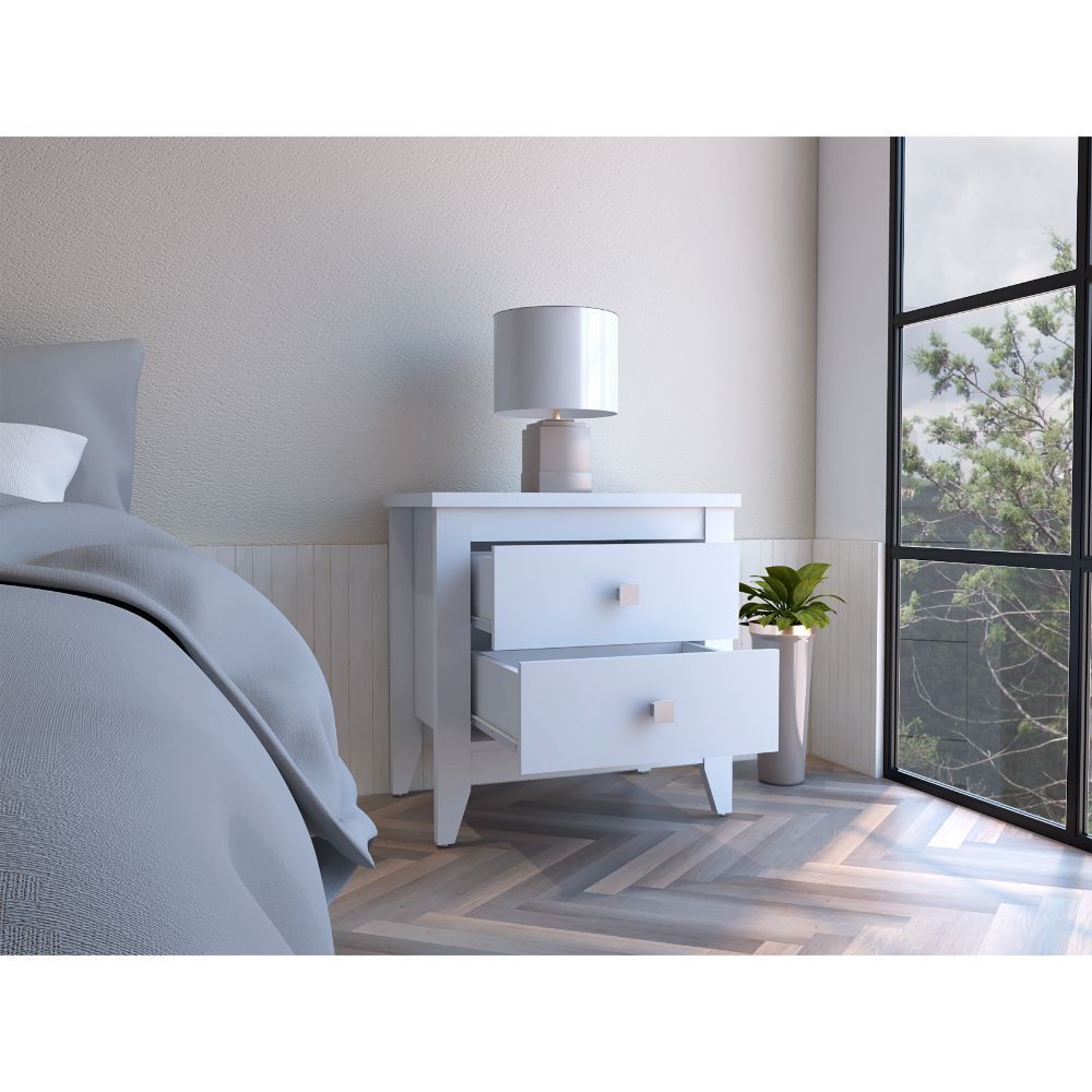 Amara Nightstand, Two Shelves, Four Legs -White