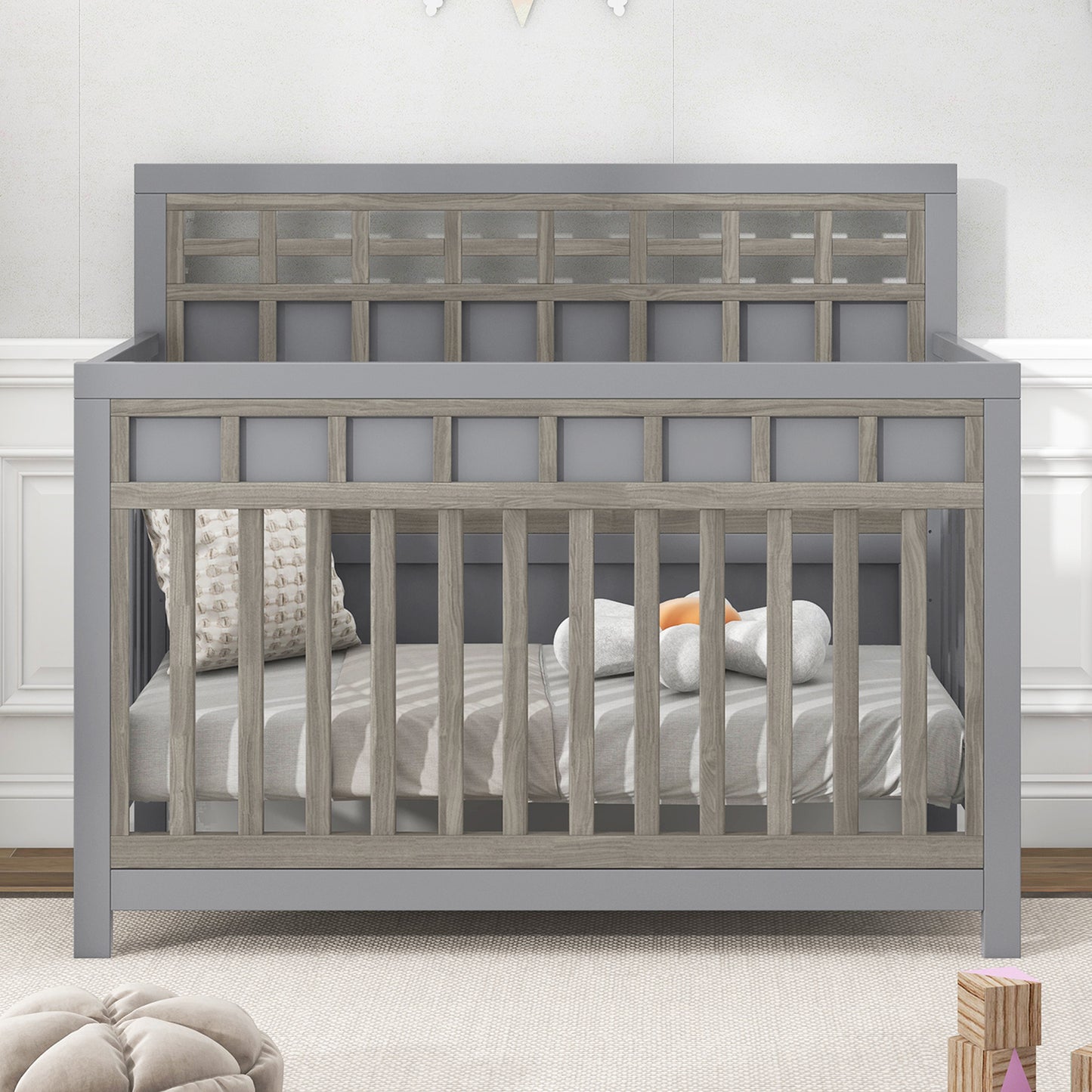 3 Pieces Nursery Sets Baby Crib and Changer Dreeser with Removable Changing Tray Bedroom Sets Gray